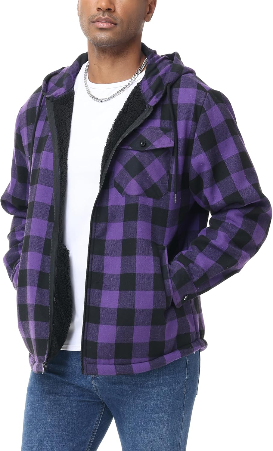 ZITY Men's Zipper Hoodies Flannel Shirt Jacket Plaid Cotton Hoodie Berber Lined Polyfill Insulated