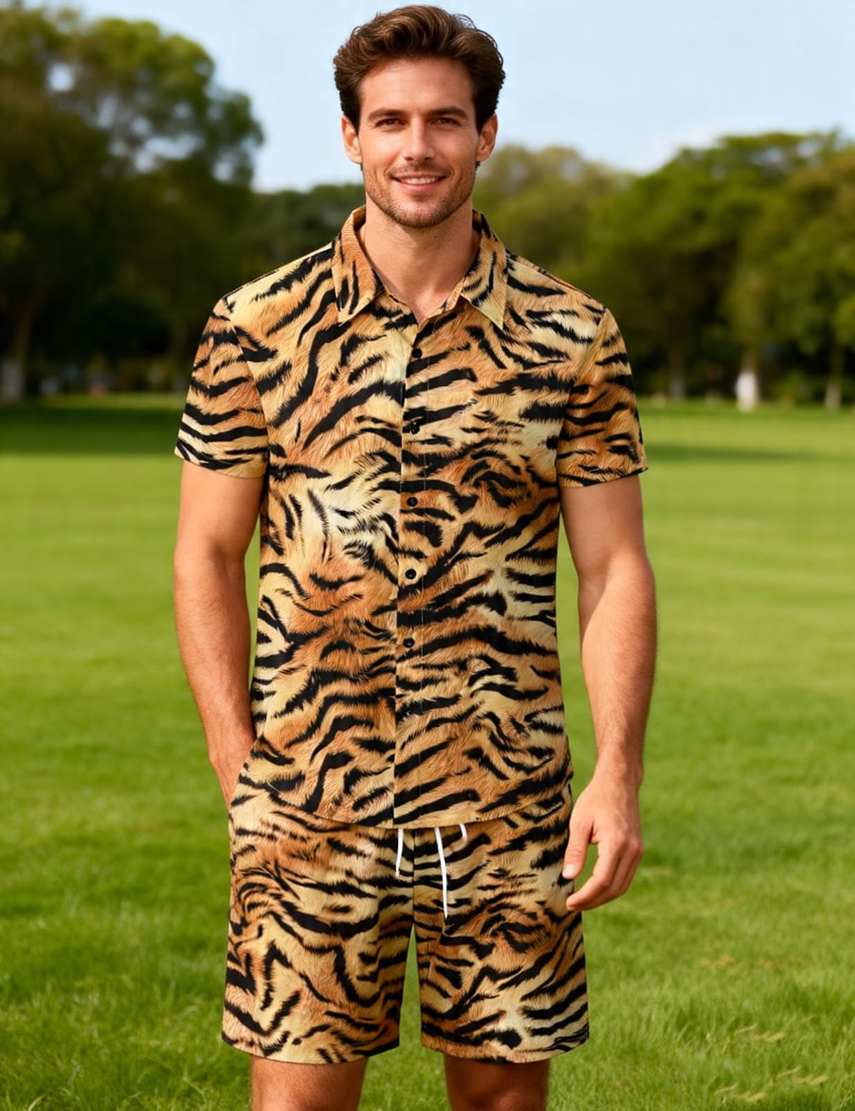 Camicia e Pantaloncini Set Stampa Animale Uomo Maniche Lunghe Camicie Casual