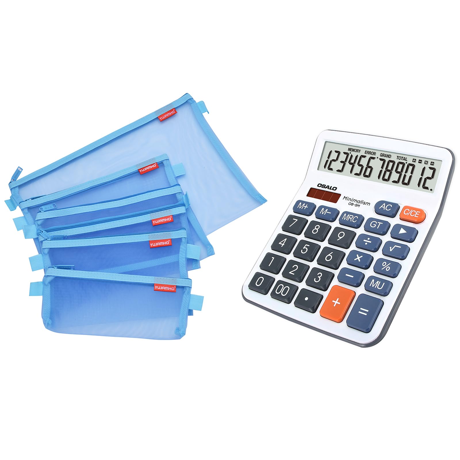 Desktop Calculator and Mesh Zipper Pouch Bundle, 5pcs Size Lightweight Nylon File Folders, 5In Clear LCD Display Auto Sleep Calculator