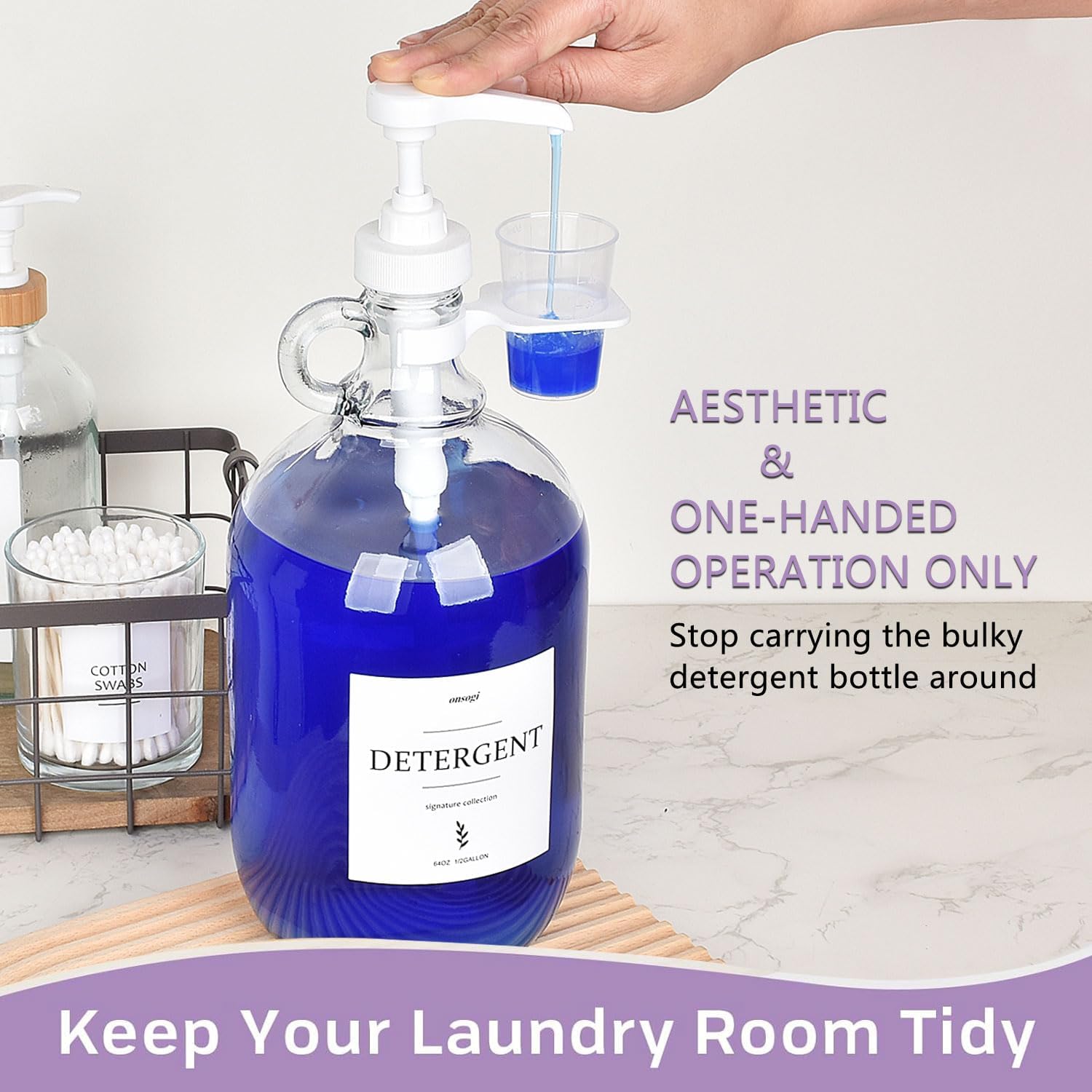 2 Pcs Glass Liquid Laundry Detergent Dispenser with Cup Holders, Half Gallon Dispenser for Laundry Room (64 oz. Each), Laundry Detergent Bottles with Pump Dispenser -Includes Labels, Measuring Cups