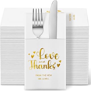Janlaugh 100 Pcs Wedding Napkins with Built in Flatware Pocket, Mr and Mrs Love and Thanks Disposable Paper Dinner Napkins Prefolded for Silverware for Wedding Engagement Bridal Shower Party Decor