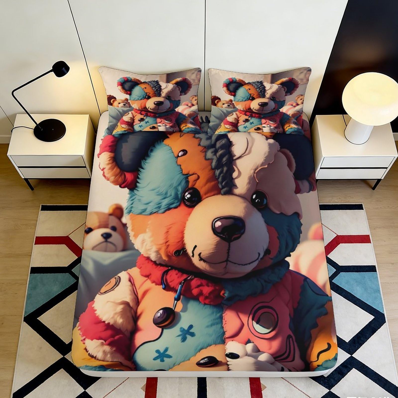 3D Printed Patchwork Teddy Bear Fitted Sheet Microfiber Soft Bedroom Decor Cartoon Bear Mattress Cover for Home Dorm 90x200x25cm