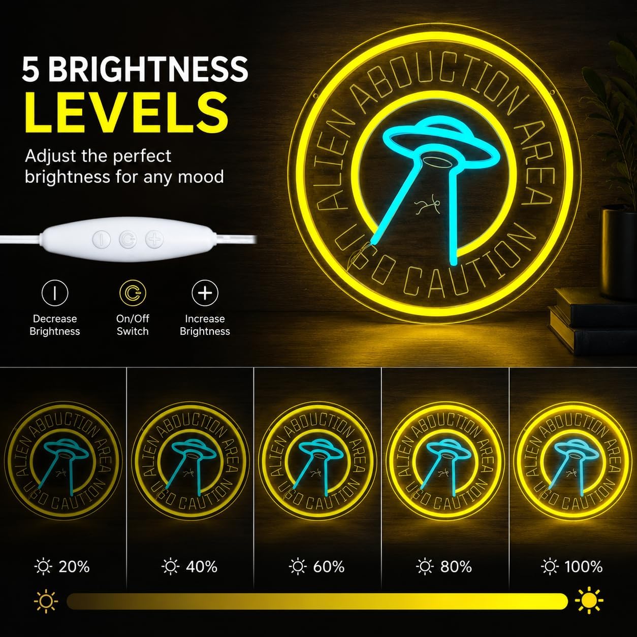 Alien Abduction Neon Sign LED Light UFO Caution for Gamer Room Decor, Sci Fi Spaceship Wall Art for Man Cave Bedroom Bar, Funny Space Themed Decoration Gifts(12.2 * 12.2inch) image 5