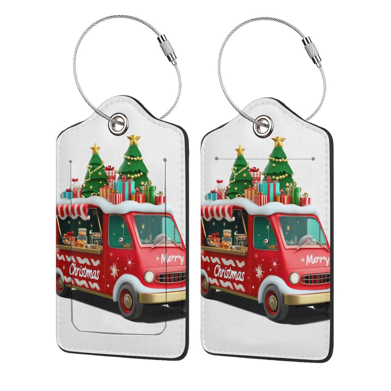 4 etiquetas de equipaje de piel sintética para maleta, autobús rojo con árbol de Navidad y etiqueta de equipaje de regalo con lazo de acero inoxidable, etiqueta de identificación de cubierta de