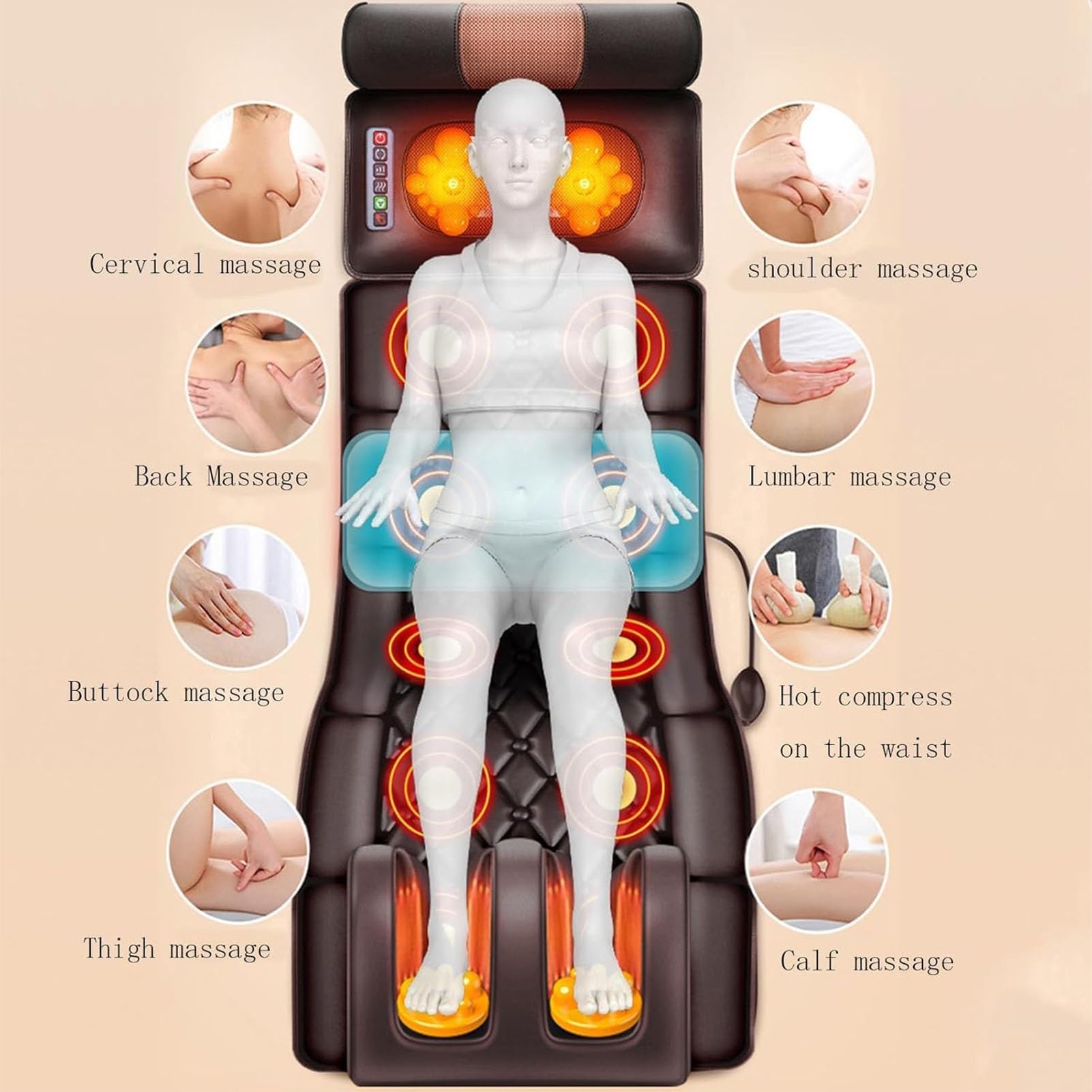 Generico Tappetino per Massaggio Completo del Corpo con Calore, Materasso per Massaggio Portatile e Pieghevole, Cuscino per Sedia, Cuscino per Massaggio della Schiena con 10 Motori vibranti