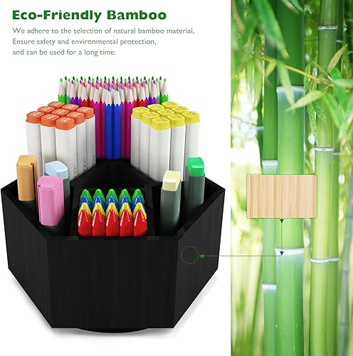 Miniatura 5 de Houtingmaan Organizador de arte para niños, organizador de lápices de bambú con 7 compartimentos, almacenamiento para bolígrafos, soporte para Negro
