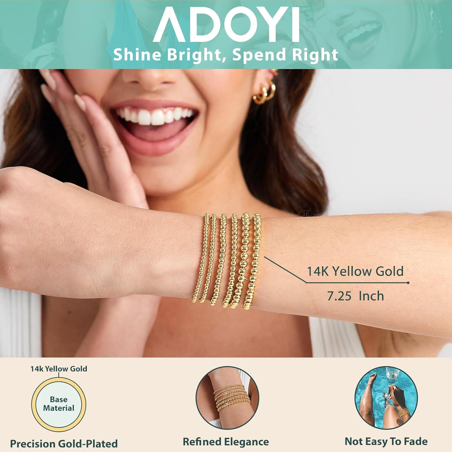 adoyi Gold Bracelets for Women Waterproof, 14K Gold Plated Beaded Strand Bead Ball Bracelets stack Adjustable Jewelry Set for Gifts - Image 4
