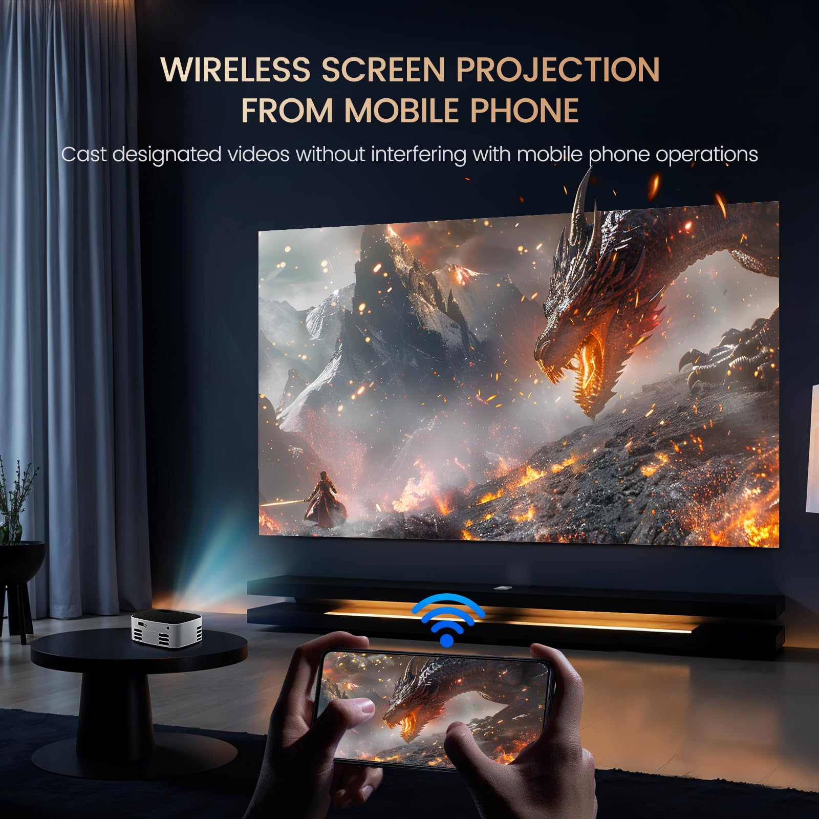 Beamer Native 1080P Full HD Projektor Offizielles mit Sprachsteuerung Tragbarer Mini Beamer Riesenbildprojektion Drahtlose Bildschirmspiegelung für Smartphone Tablet