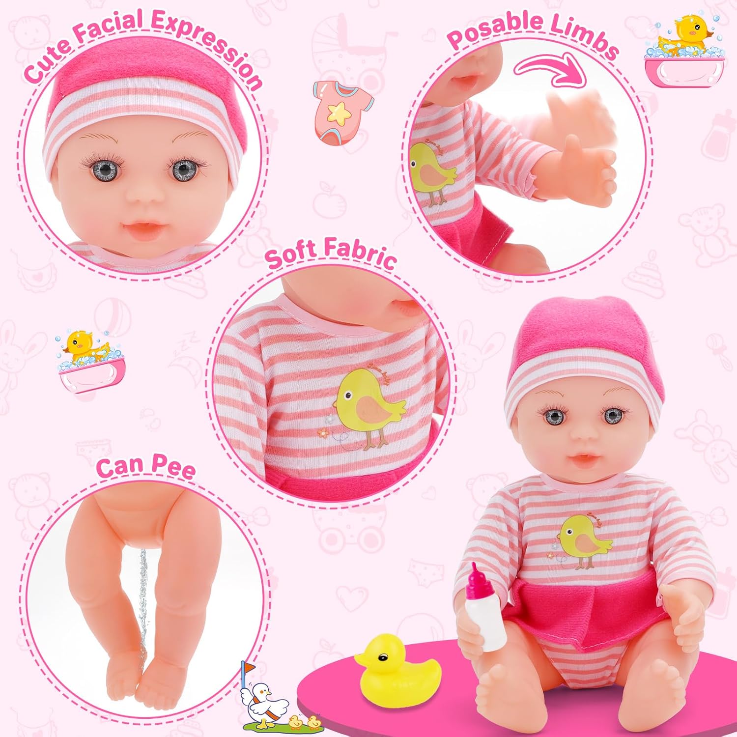 deAO Baby Doll Set with Bathtub,Doll Bath Set - Real Working Bathtub with Detachable Shower Spray