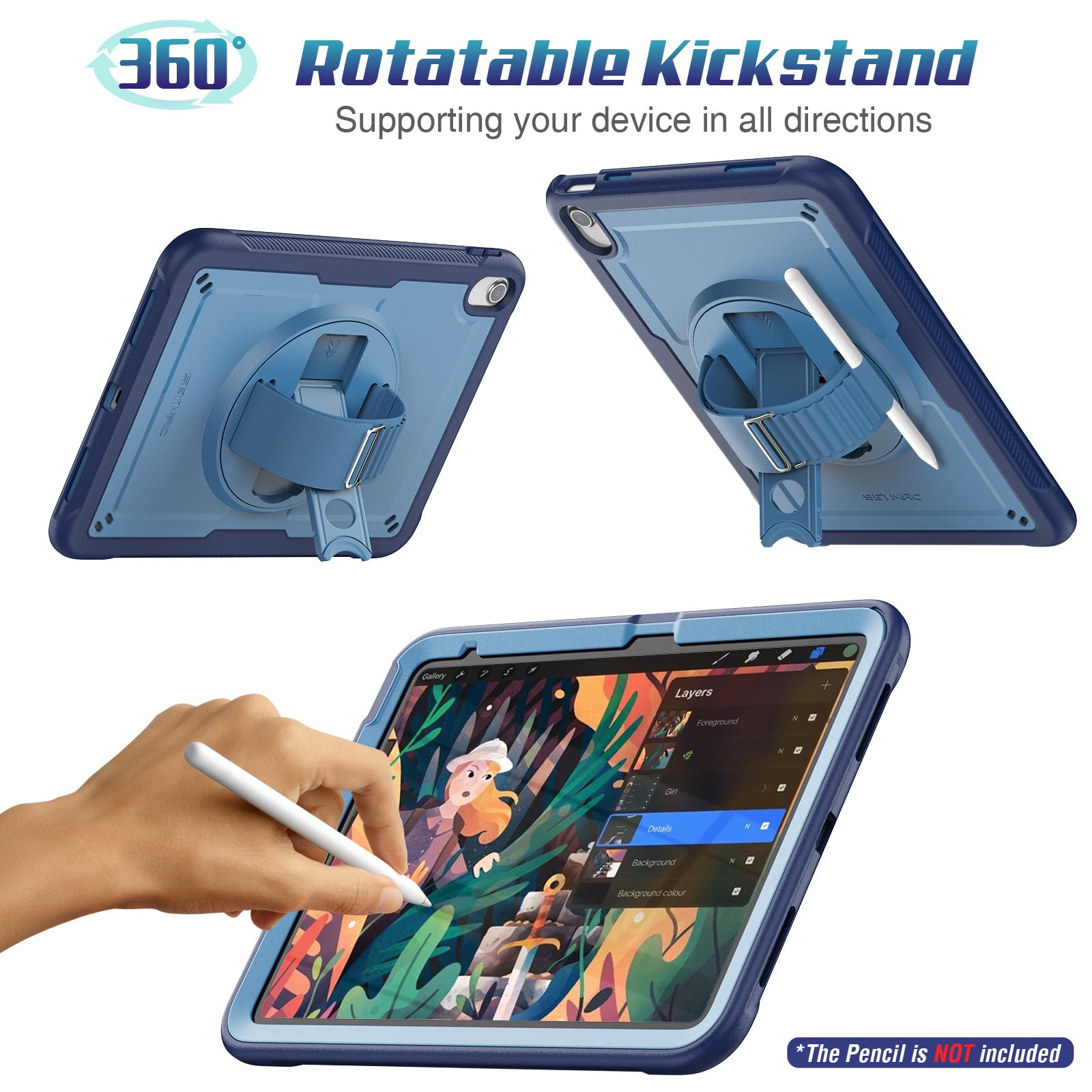SEYMAC stock Coque pour iPad (A16) 11ème/10ème Génération 11''/10,9'' 2025/2022, Antidérapant Givré/Antichoc, avec [Support/Dragonne Rotatif à 360°] Protecteur D'écran & Porte-Stylet, Bleu Foncé