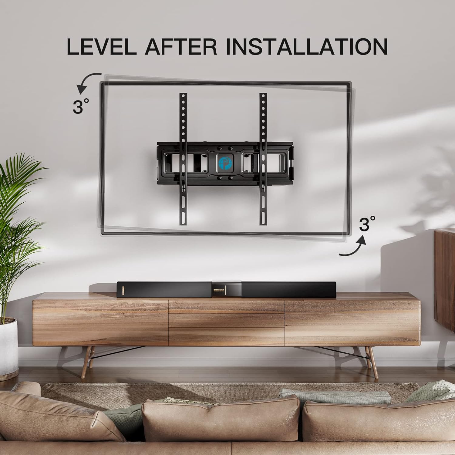 Diagram showing 3 degree level adjustment after TV mount installation