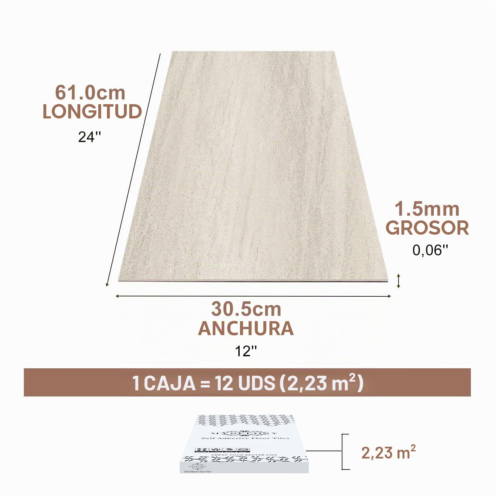 Mysflosy - Azulejos de suelo autoadhesivos, 61,0 cm x 30,5 cm Efecto piedra de vinilo impermeable, despegue y pegue para instalación DIY, Cubre 2,23 m²