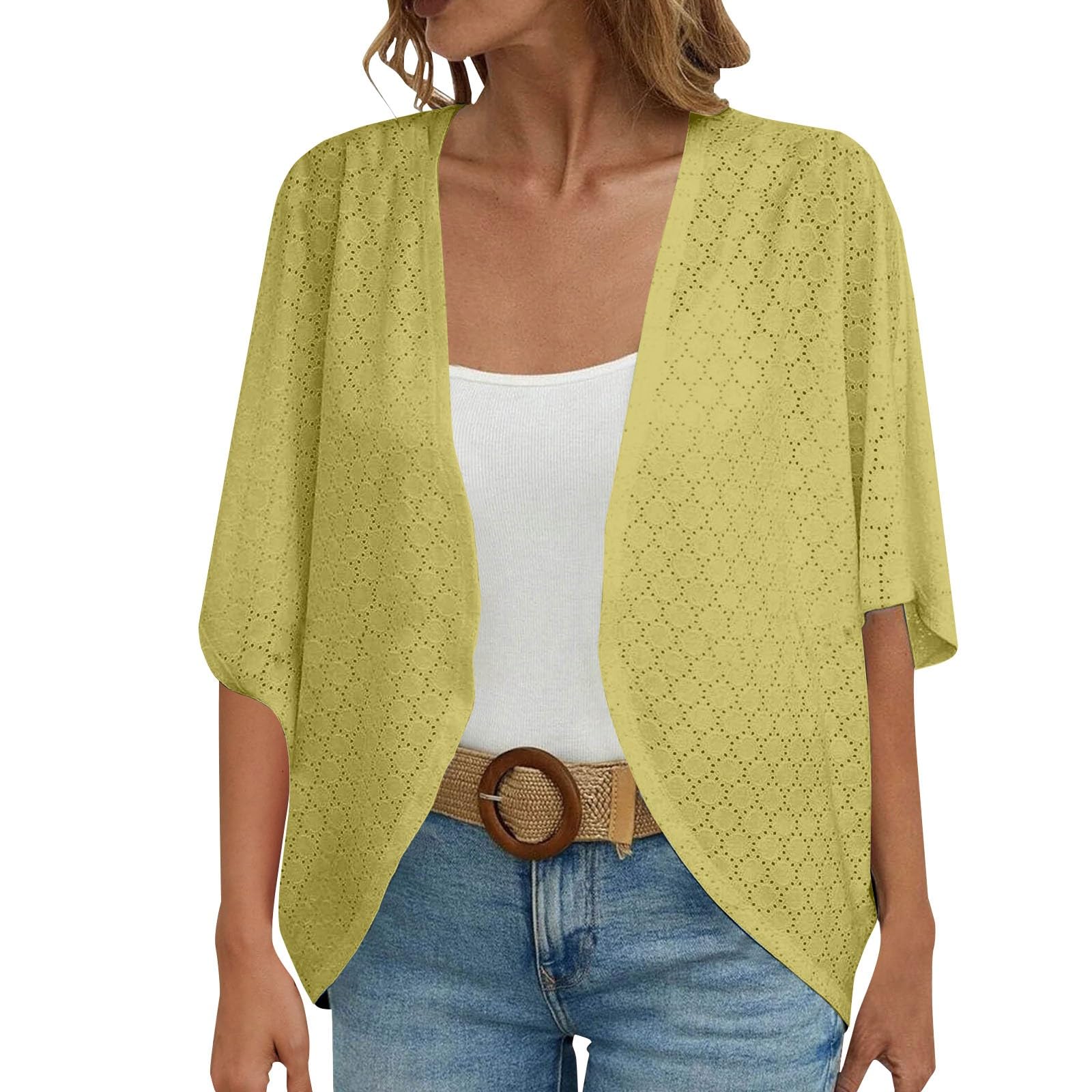 Generic Cárdigan tipo kimono para mujer, de verano, manga 3/4, color liso, transparente, para trabajo, elegante, parte delantera abierta, casual, holgado, delgado, abrigo ligero
