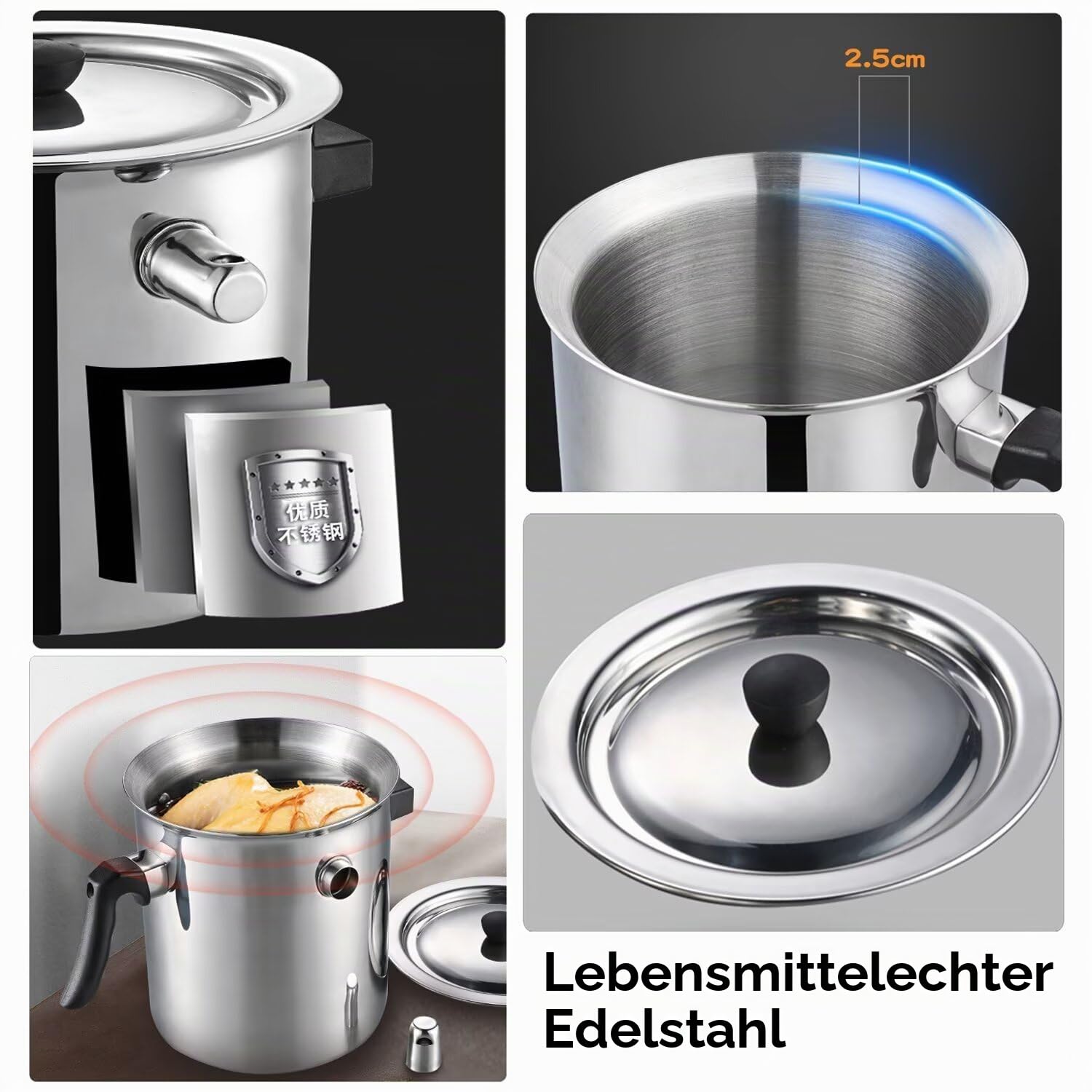 Doppelschichtiger Milchtopf aus Edelstahl 304,3-Liter-Suppentopf mit konstanter Temperatur für Induktionsherd und Gasherd,automatischer Milchtopf mit Pfeife,Verbrühungsschutzgriff