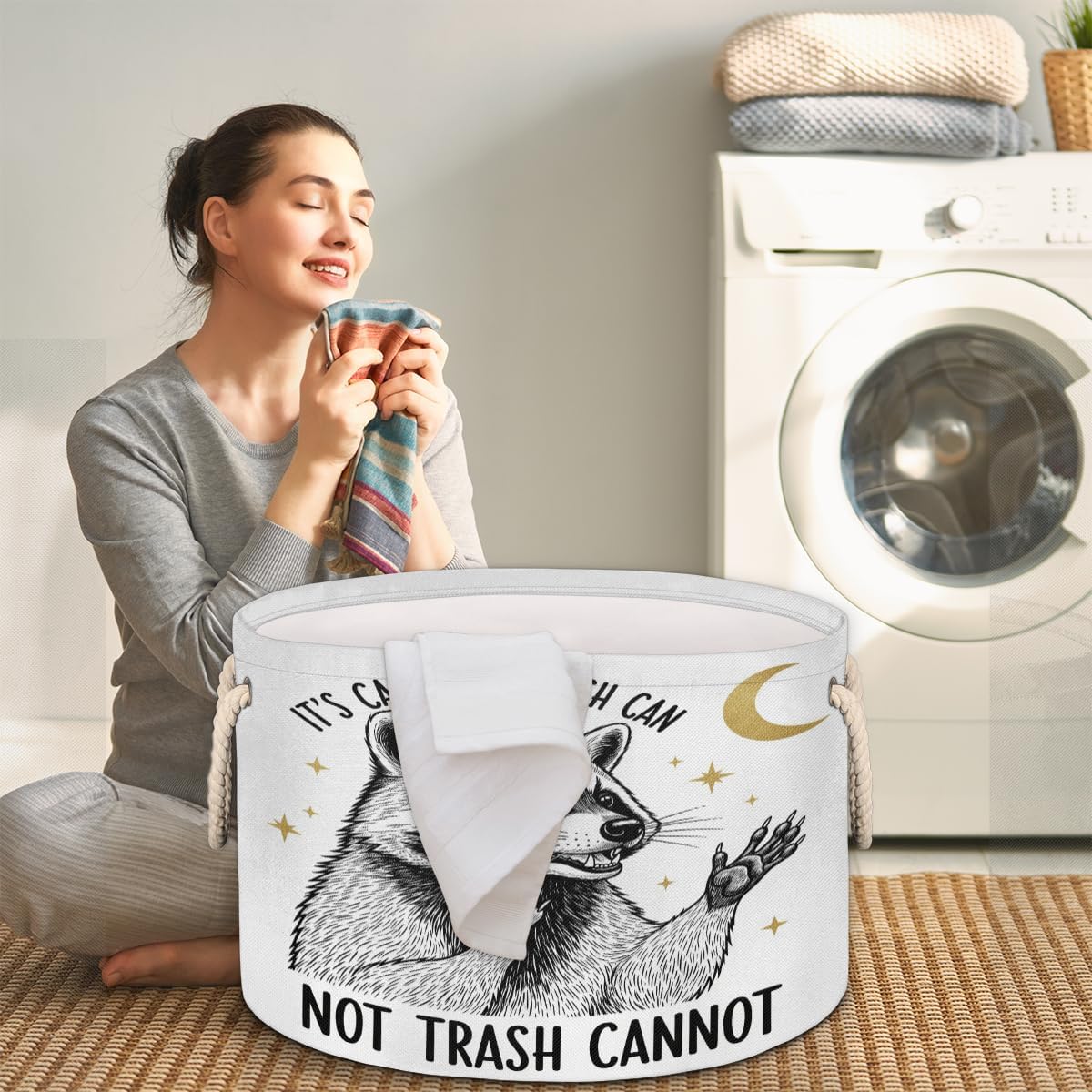Large Storage Baskets - Raccoon Nursery Round Collapsible Organizer Bin Box Laundry Hamper for Kids Toys, Blanket, Bedroom Living Room Home Decor, Gift Basket, 19.4"x13.3"