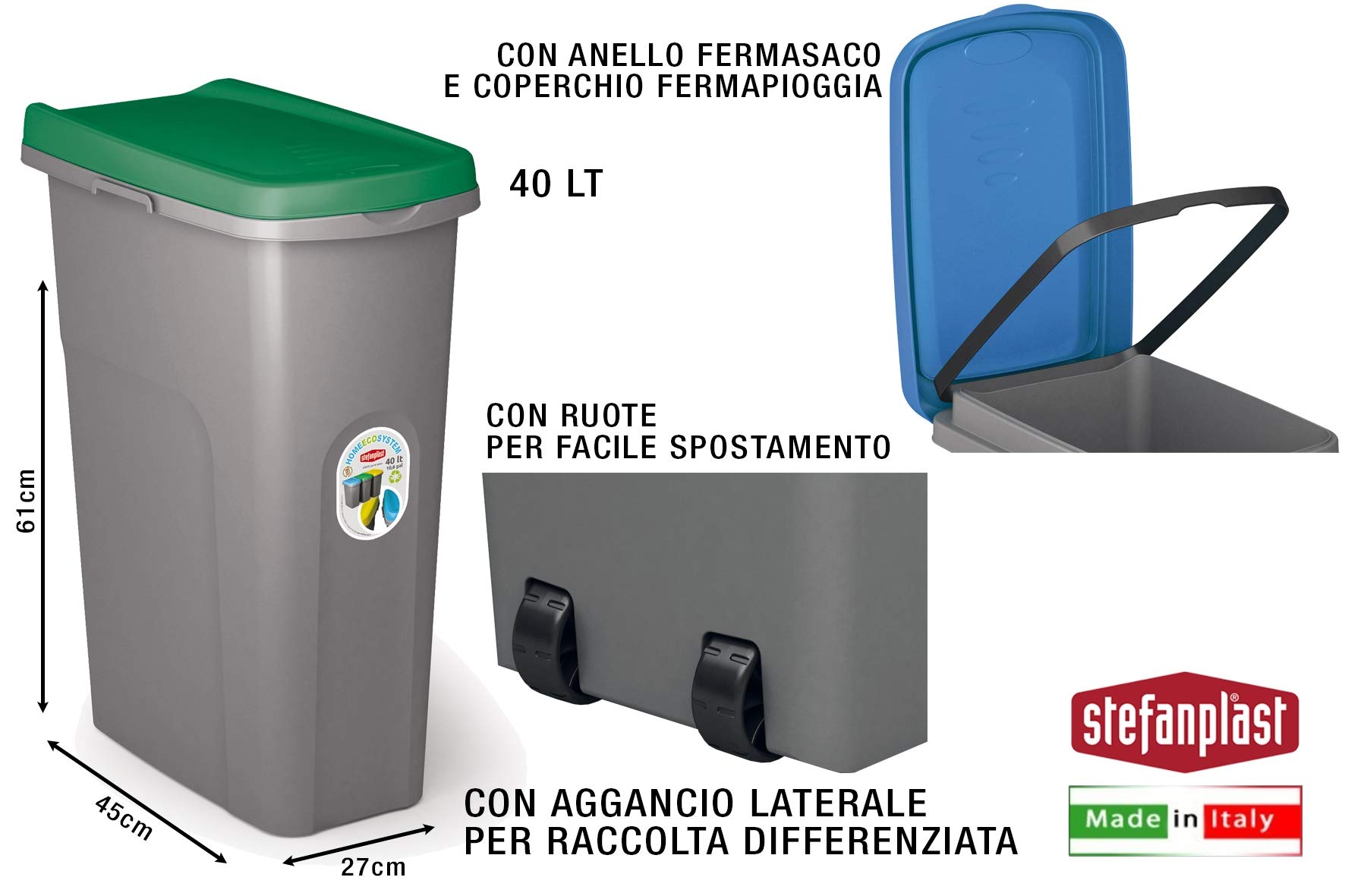 Stefanplast Rubbish Bin, Green, 40 L
