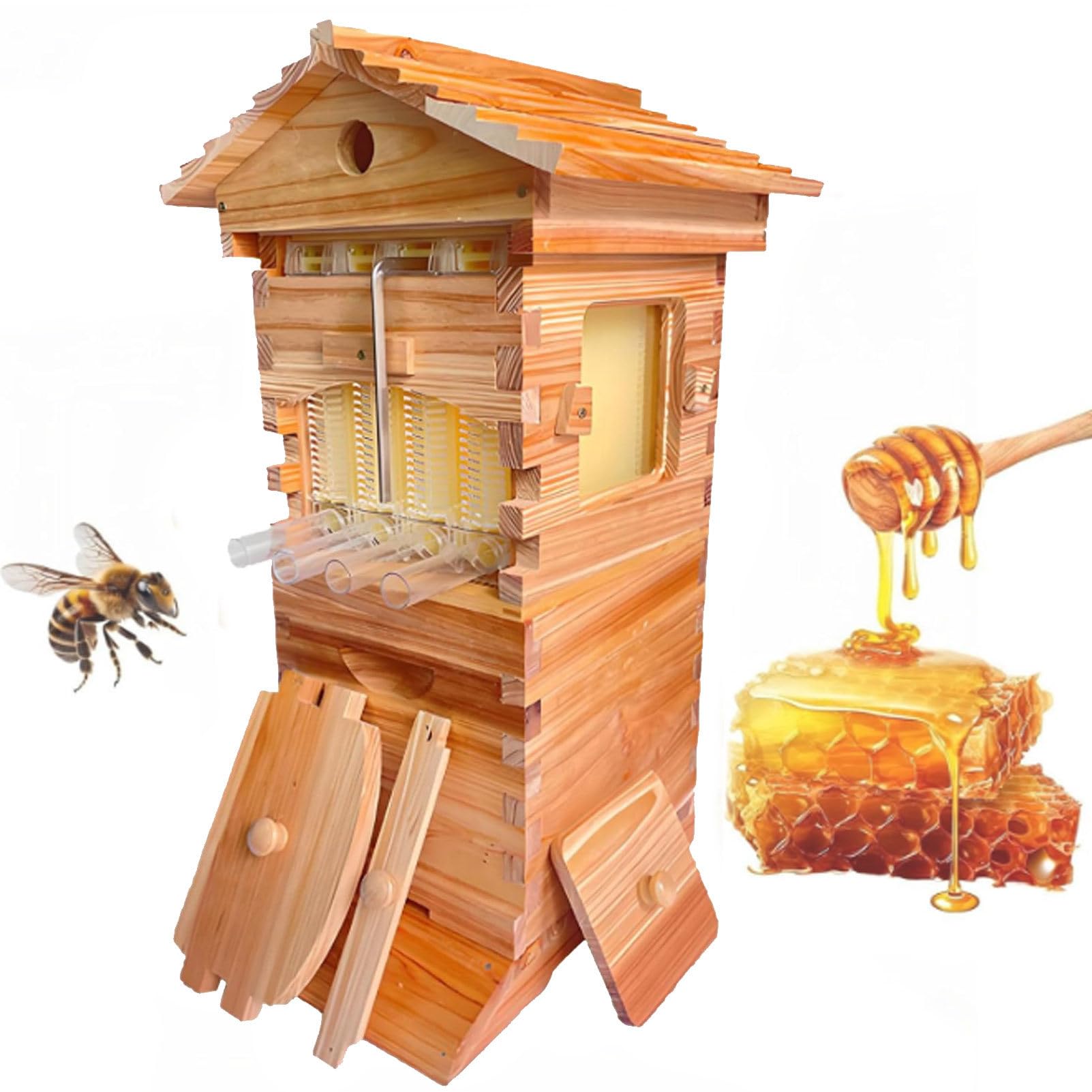Bienenstock-Starter-Set: Selbstfließender Bienenstock mit Sichtfenster und Honigablass – Bienenbeute mit integriertem Honiggewinnungssystem für die Hobby-Imkerei im Garten (im Hütten-Stil)