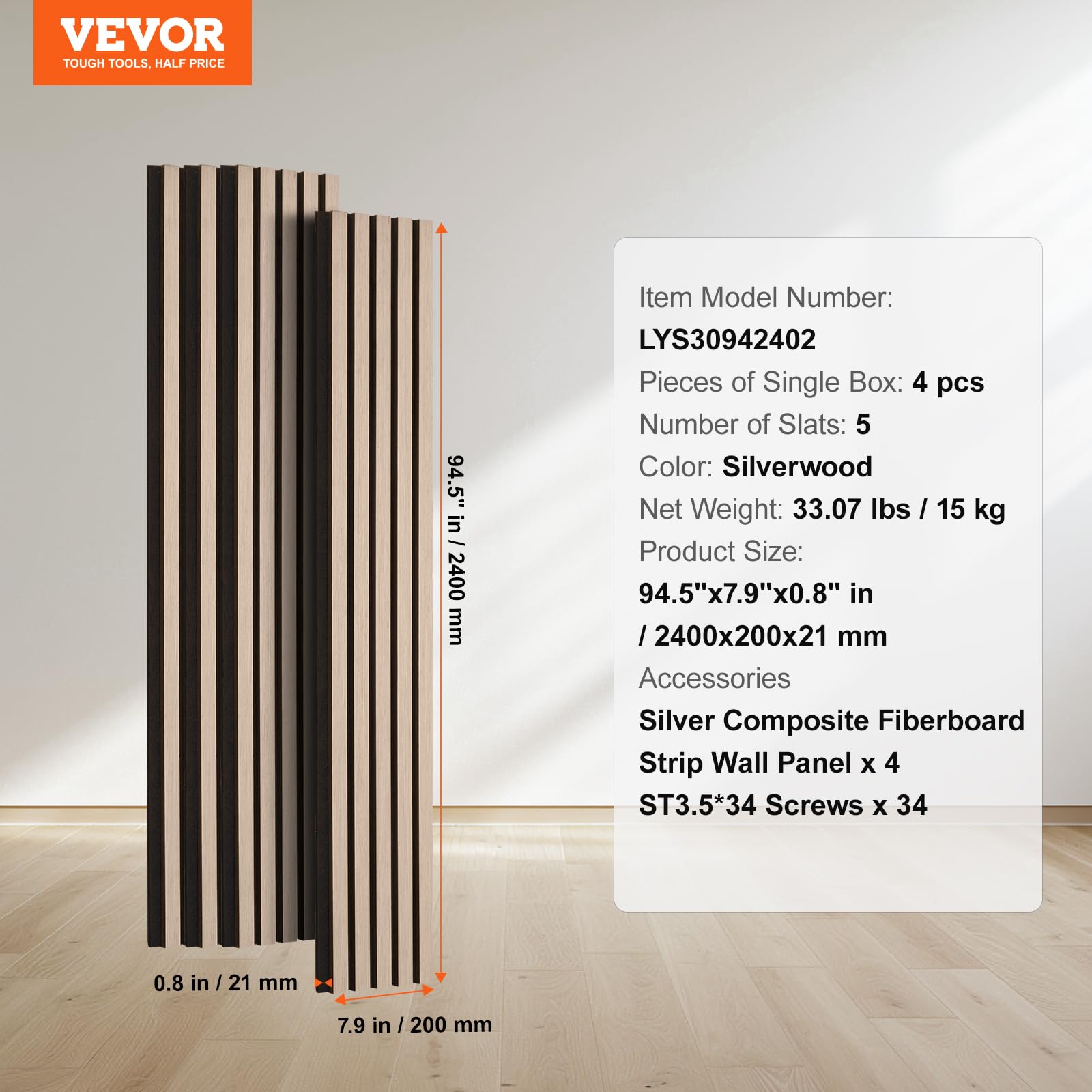 VEVOR Paneles Acústicos 240x20 cm - Paneles de Pared Decorativos MDF y Sintéticos para Reducción de Ruido - Madera Plateada, 4 Piezas