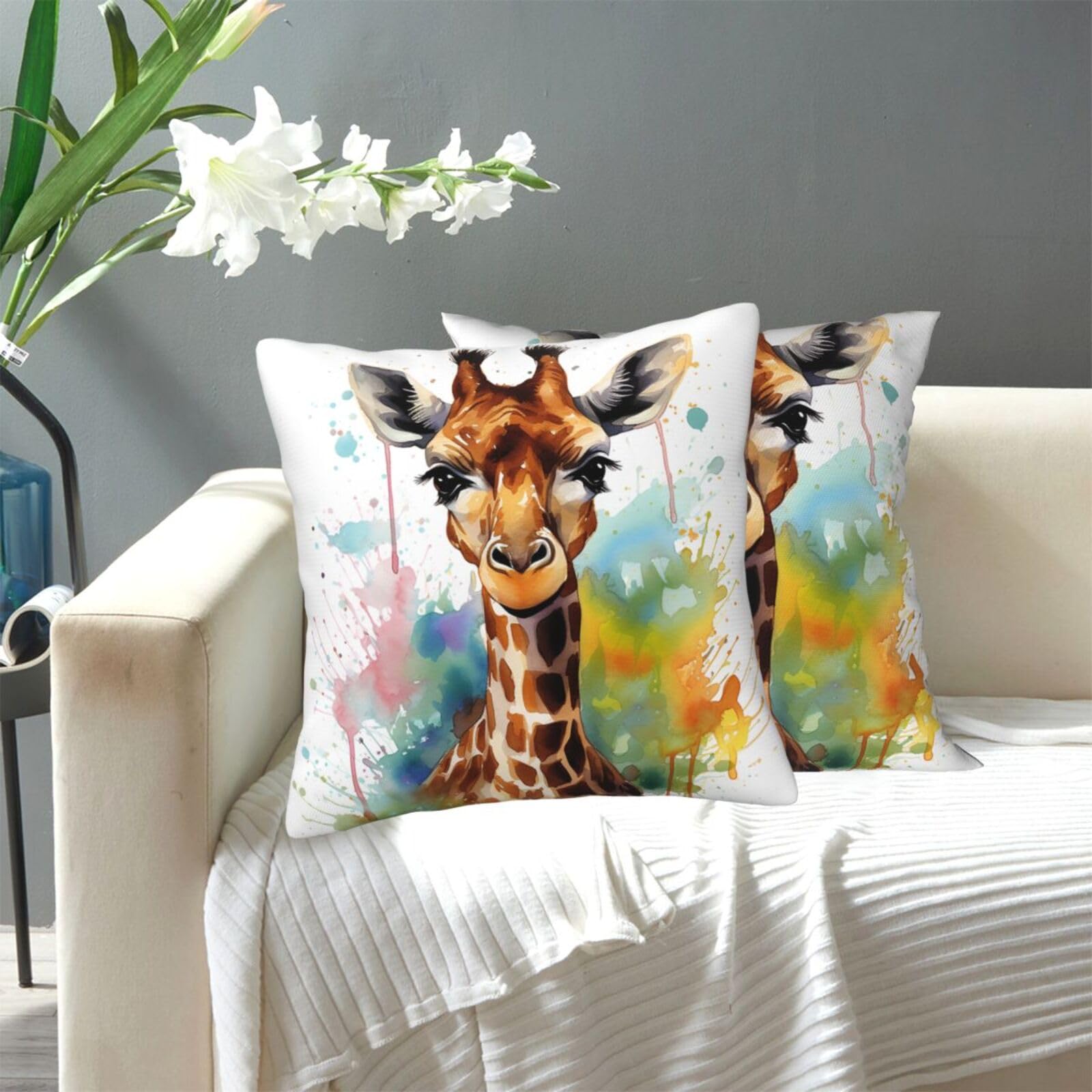 FekiLoot Decorative Throw Pillow Covers Modern Farmhouse Pillowcase Double Sided Cozy Cushion Cover for Sofa Couch Bed 20"X20" Cute Giraffe Watercolor