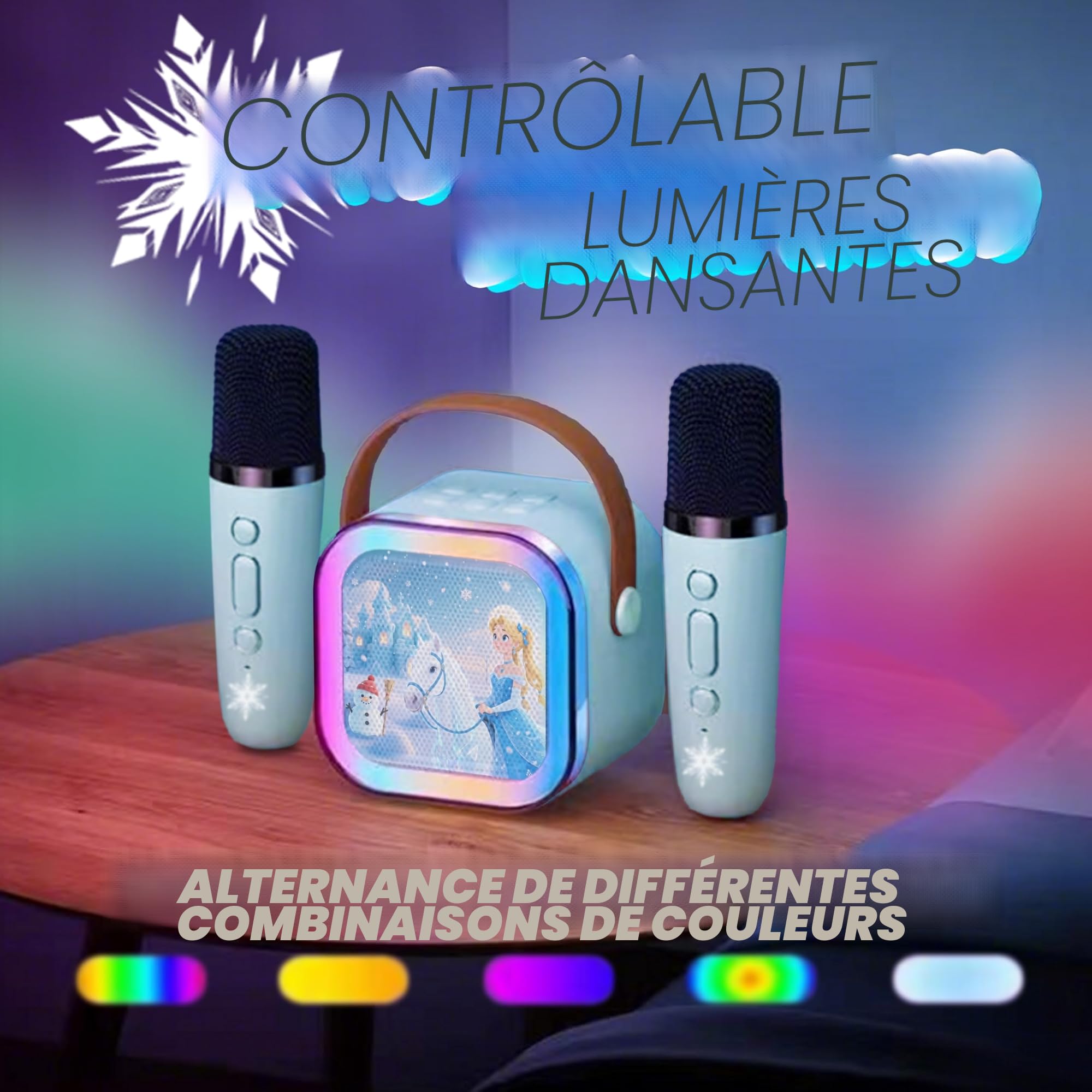 Micro Karaoke Enfant,Enceinte Bluetooth Enfant avec 2 Micros sans Fil,Micro Enfant pour Chanter, Idée Cadeau Fille 3 4 5 6 7 8 9 Ans Anniversaire,Jouet Frozen
