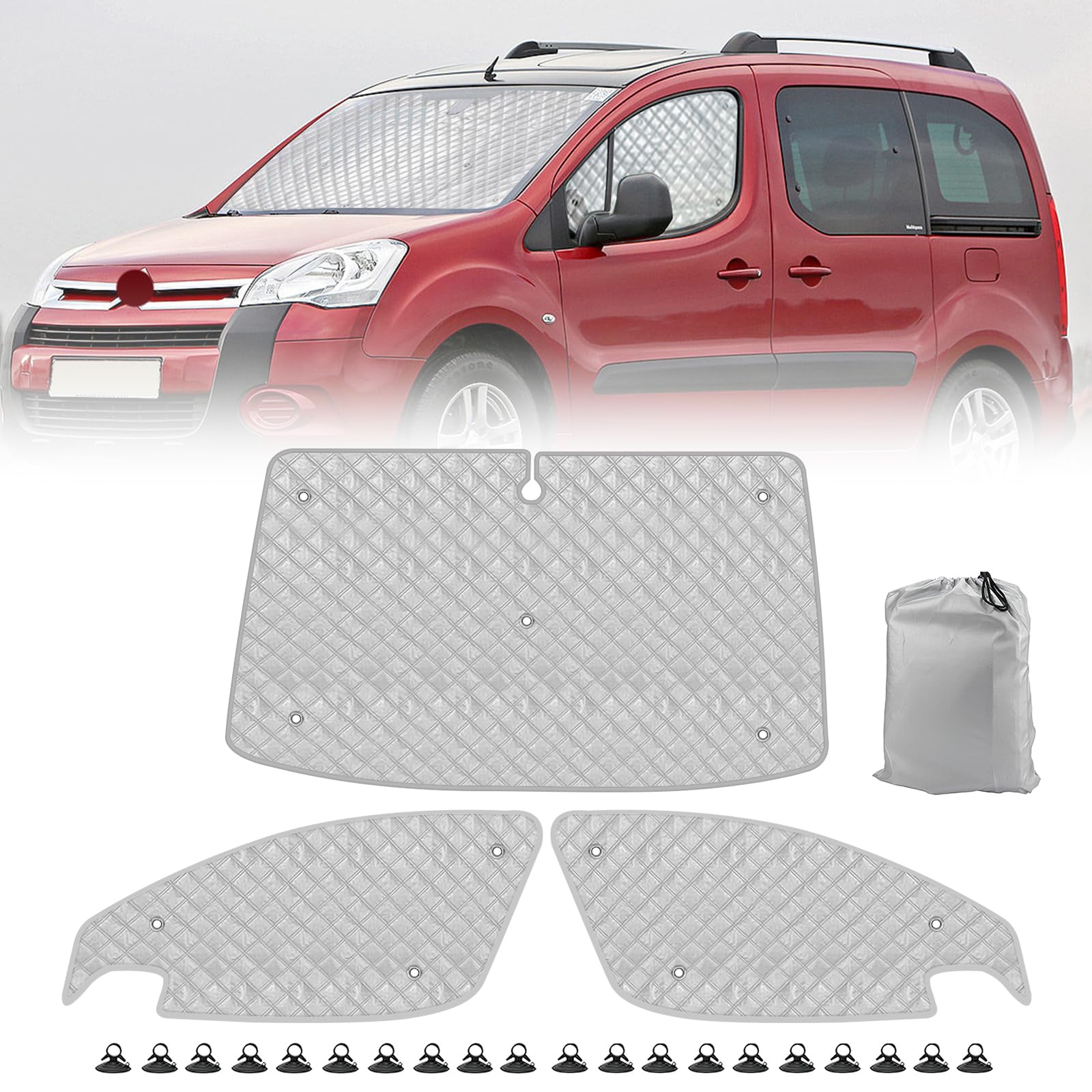 Parasoles Termicos para Peugeot Partner Citroen Berlingo2008-2018 | 3PCS, Plegable, Parasol Paraguas Funda para Parabrisas para Camper Privacidad y Control de Temperatura
