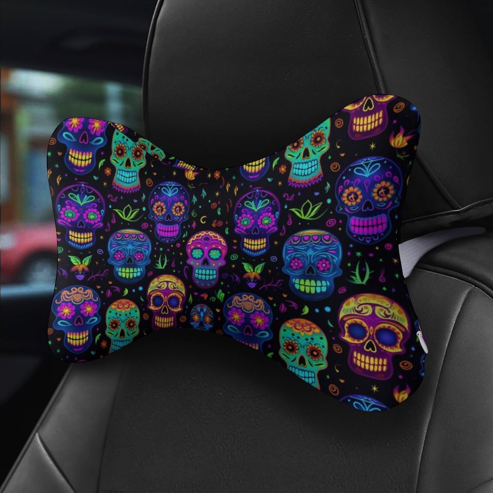 SMAZDFXX Neon Sugar Skul Car Neck Pillow Set of 2 Car Seat Head Support Cushion Bone Pillows with Elastic Strap