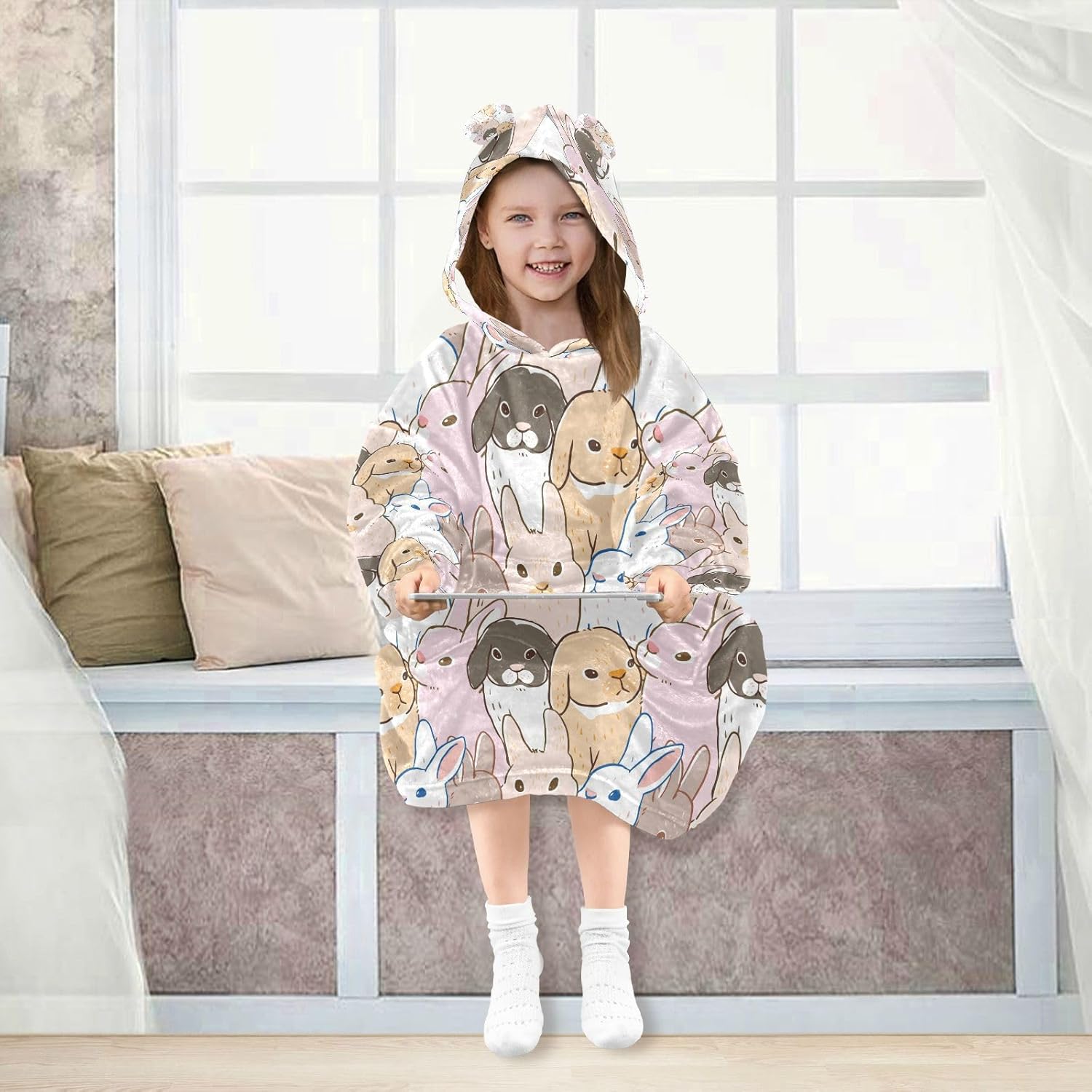 YETTASBIN Pink Bunny Wearable Blanket Hoodie for Kids, Oversized Soft Cozy Flannel Sweatshirt Blanket with Pocket