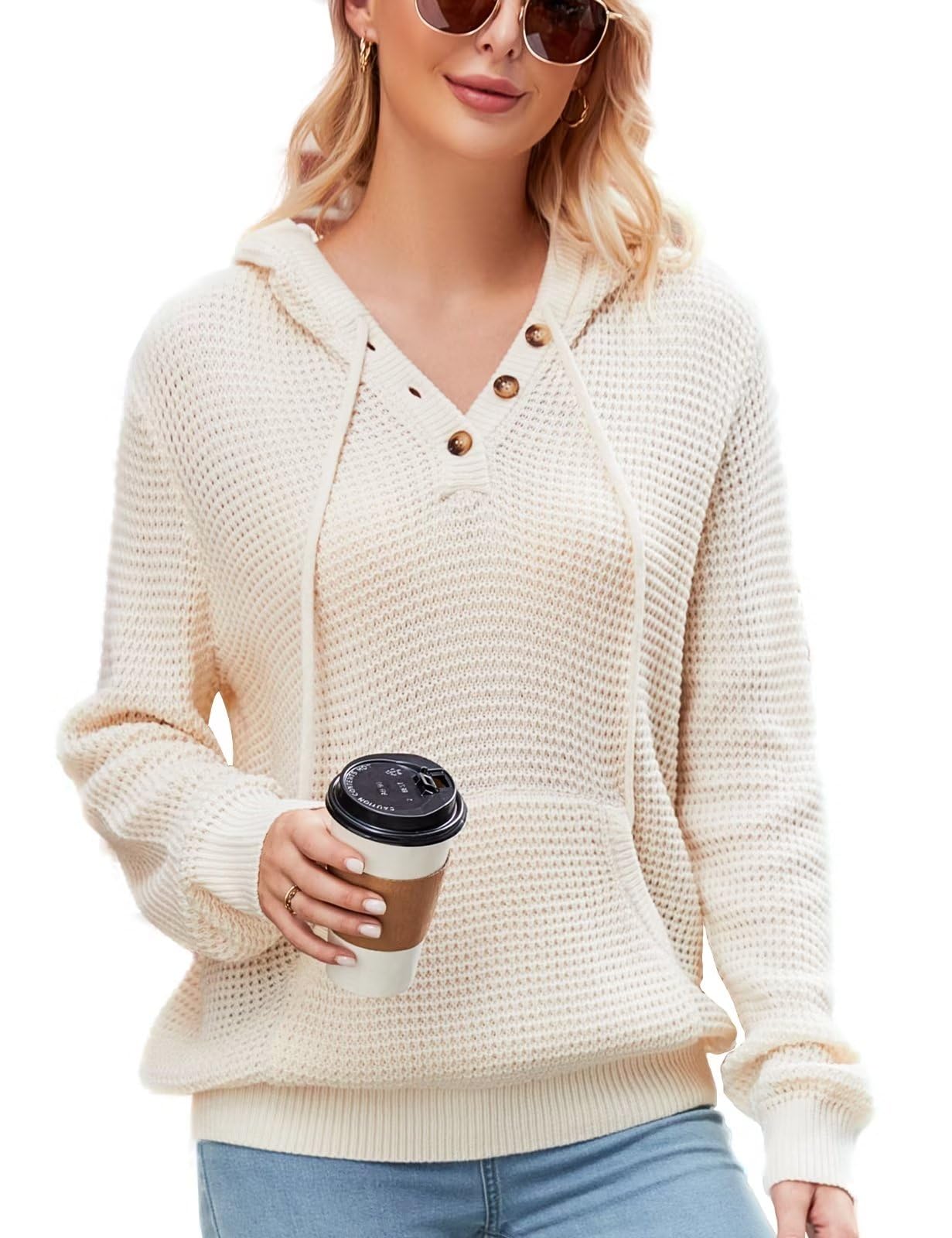 CiCiBird Women's Fall Hoodies Sweater V Neck Waffle Knit Top with Pocket