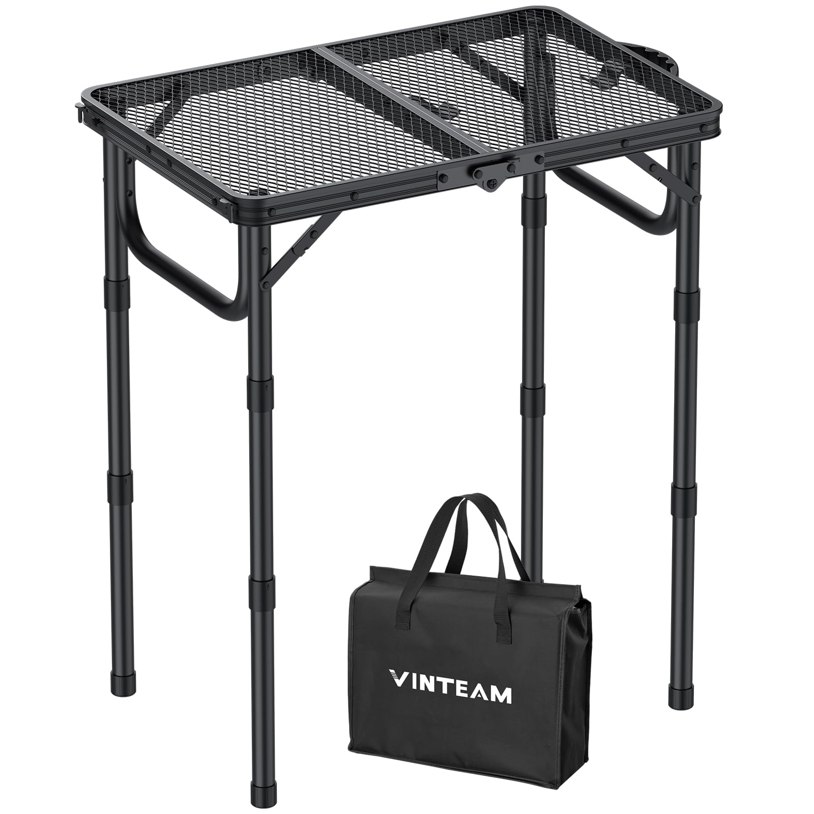VINTEAM Table de Camping Pliante 3 Hauteur Réglable Grille 58 * 40cm | Charge 30kg, Résistant à la chaleur, Facile à Nettoyer, Cadre en Aluminium Solide pour BBQ, Pique-Nique, Jardin, en Plein air