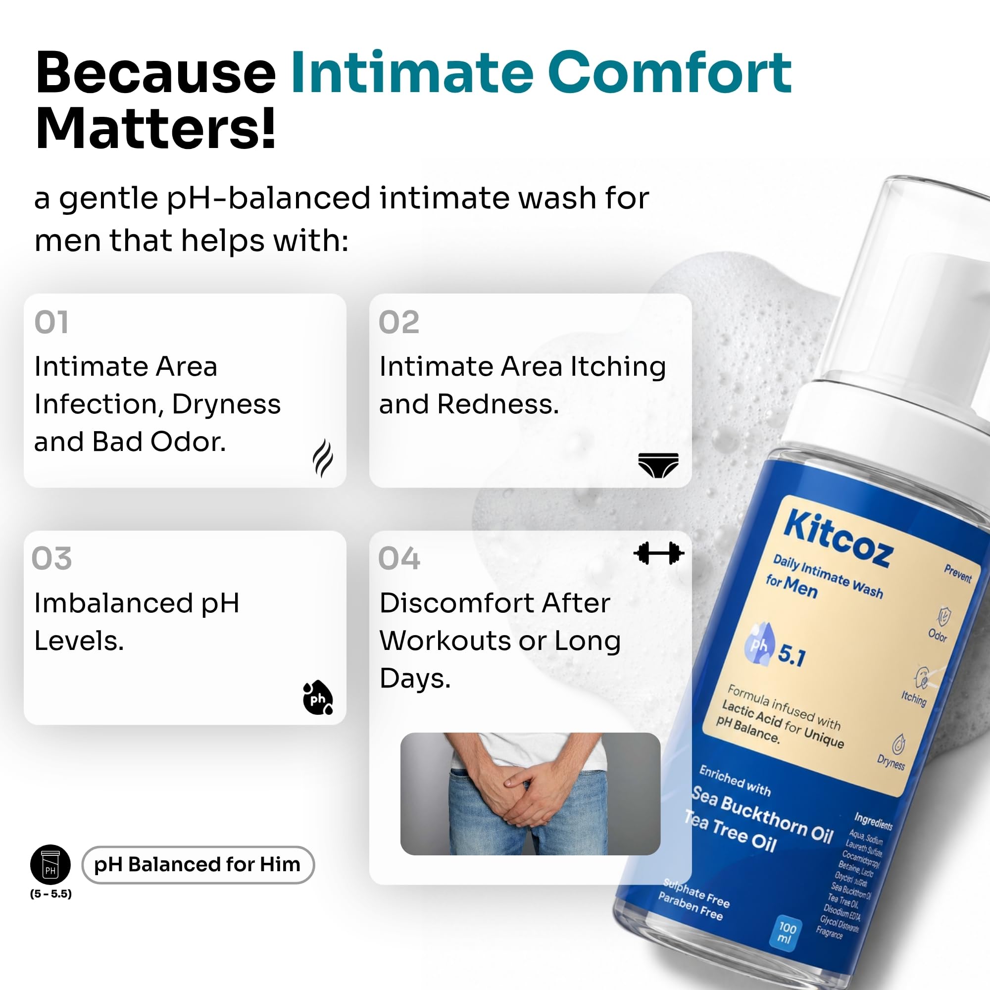 Kitcoz Intimate Wash for Men, Odour Control with Lactic Acid, 150ml