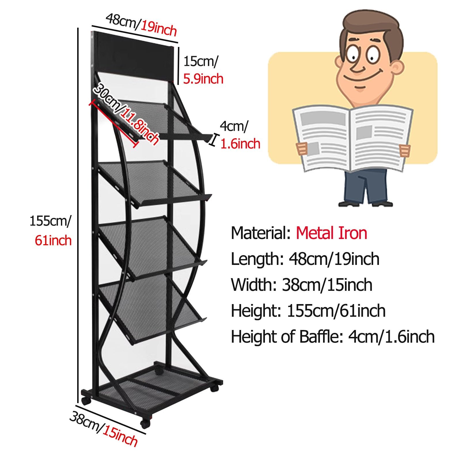 IBOWZ Stojak na czasopisma stojak na czasopisma 150 cm wysoki stojący stojak na czasopisma/półka na książki, stojak na broszury na biurku / katalog organizer do przechowywania literatury, wąski stojak