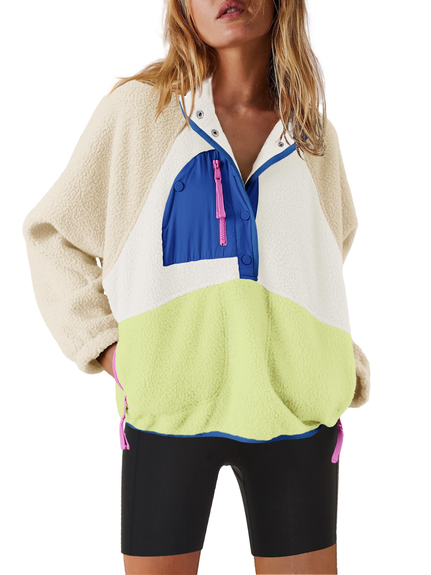 Nirovien Womens Fleece Pullover Long Sleeve Sherpa Jacket Button Down Fuzzy Sweatshirt Warm Outwear with Pockets