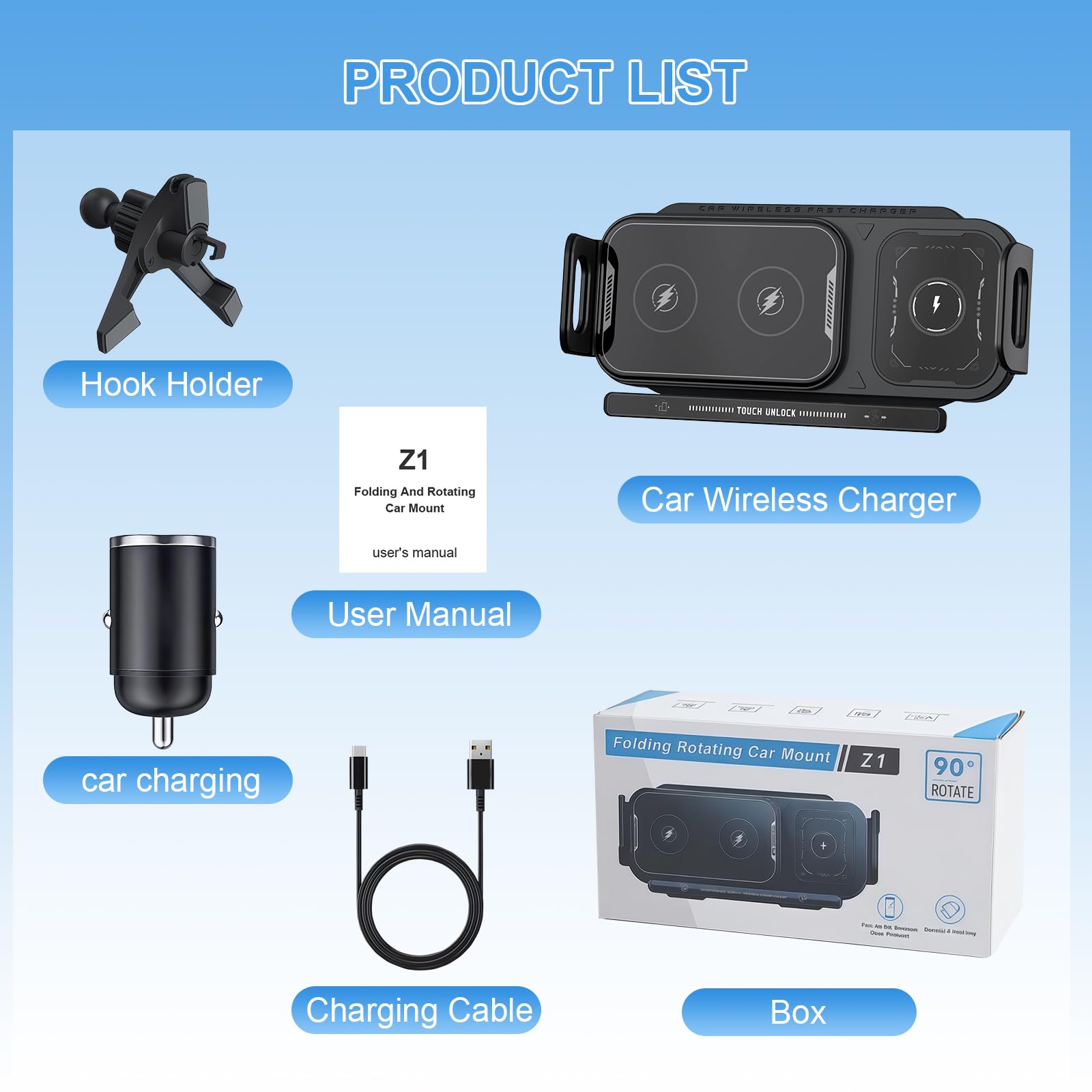 Caricabatterie da auto wireless Olycism girevole a 90 gradi per Galaxy Z Fold/Flip con caricabatterie rapido wireless QC 3.0 a doppio scomparto da 15 W compatibile con Z Fold/Flip 7, 6, 5 e 4
