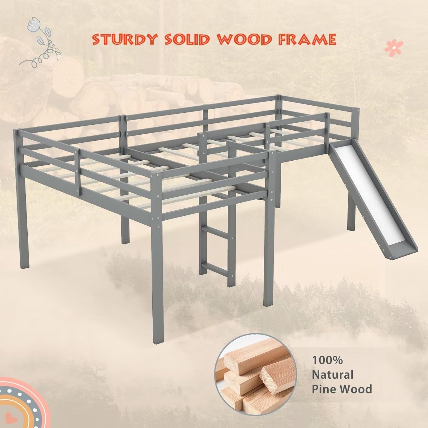 Merax Twin Size Double Loft Bed with Slide and Ladder, Wooden L-Shaped Bed Frame with Full-Length Guardrail, Wood Bedframe for Kids Teens Adults Bedroom, 2 Twin Beds, Grey