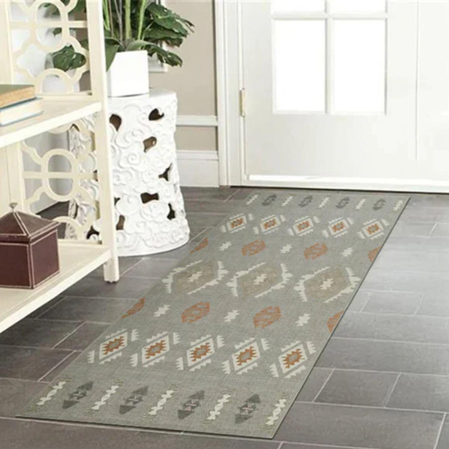 BedLooms Runner Rugs for Hallway Non-Slip Entryway Bedside Rugs 60x110 cm Geometric Style Tribal Pattern Printed Design Grey White bedroom Living Room Rug (Nova)