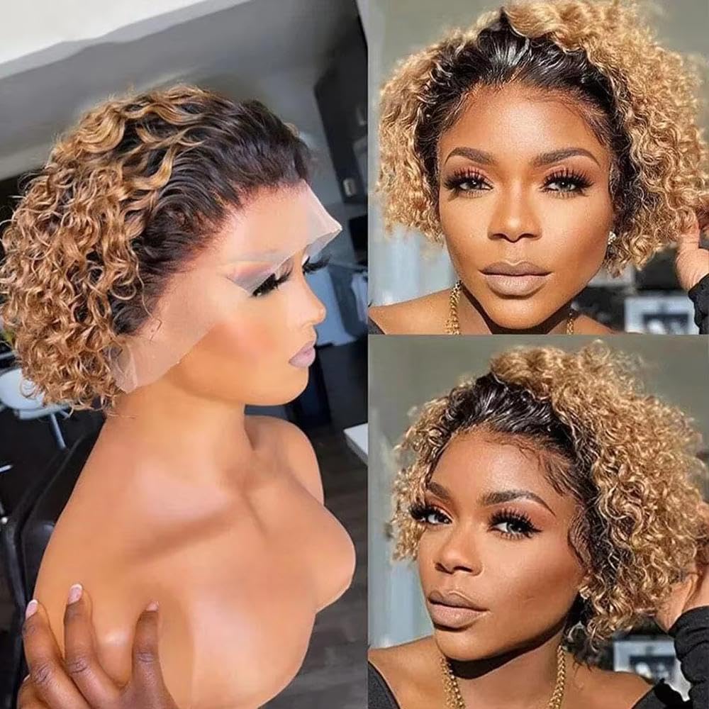 Haarpflege Honigblond Wasser Tiefe Welle 13 X 1 Spitze Afro-Locken Kurze Bob-Echthaar-Perücken Natürlich