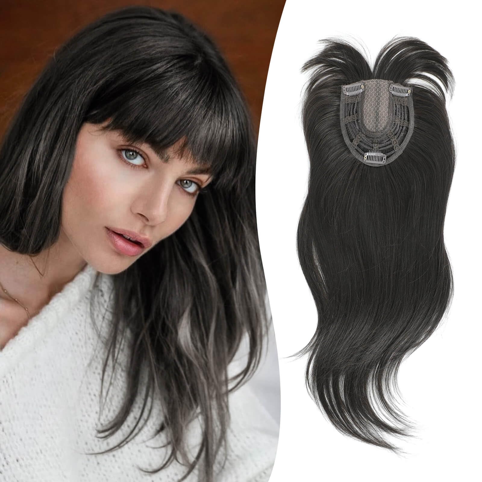 Peonymebeauty Clip in Fringe Hair Toppers for Thinning Hair 4"X5" Base Topper with Bangs Long Layered 18 Inch Synthetic Fiber Wiglets Ladies Straight Hairpieces for Women(Dark Brown)