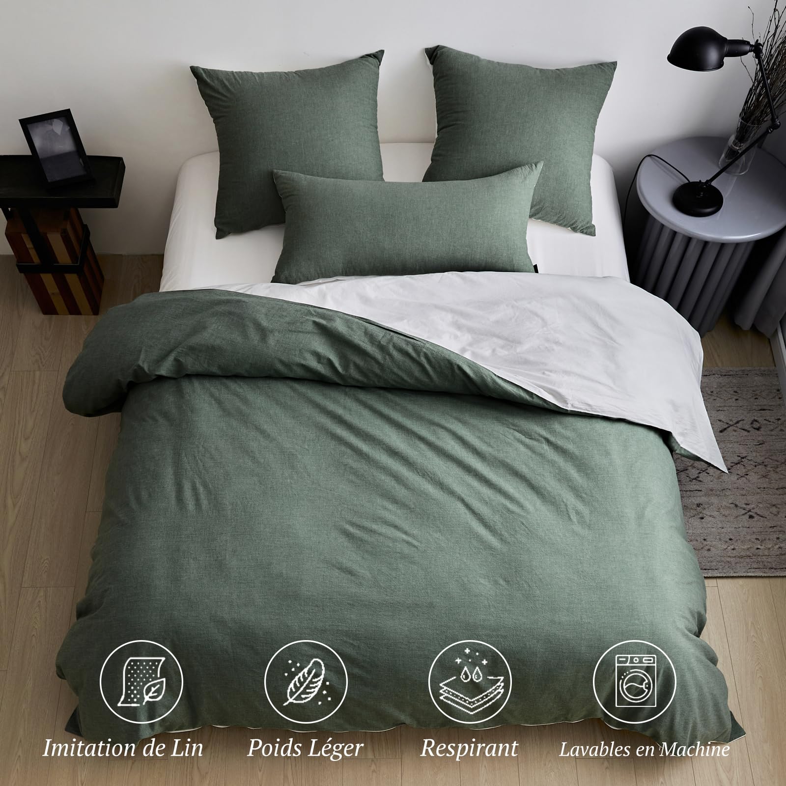SOULFUL Housse de Couette 220x240 Coton, Verte Sauge Ensembles de Housse de Couette avec Fermeture Éclair, 100% Coton Lavé, Texture Lin, Parure de Lit 220x240 Coton avec 2 Taie d'oreiller 65x65 cm