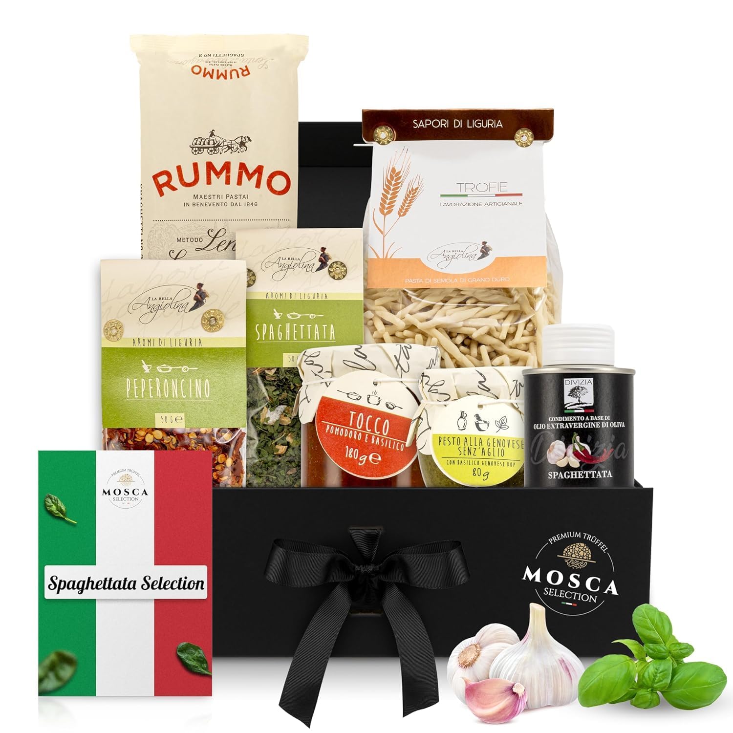 Coffret cadeau Spaghettata Selection : pâtes, pesto, huile d'olive, sauce tomate et épices - parfait pour des voyages culinaires dans la cuisine méditerranéenne - belle idée cadeau