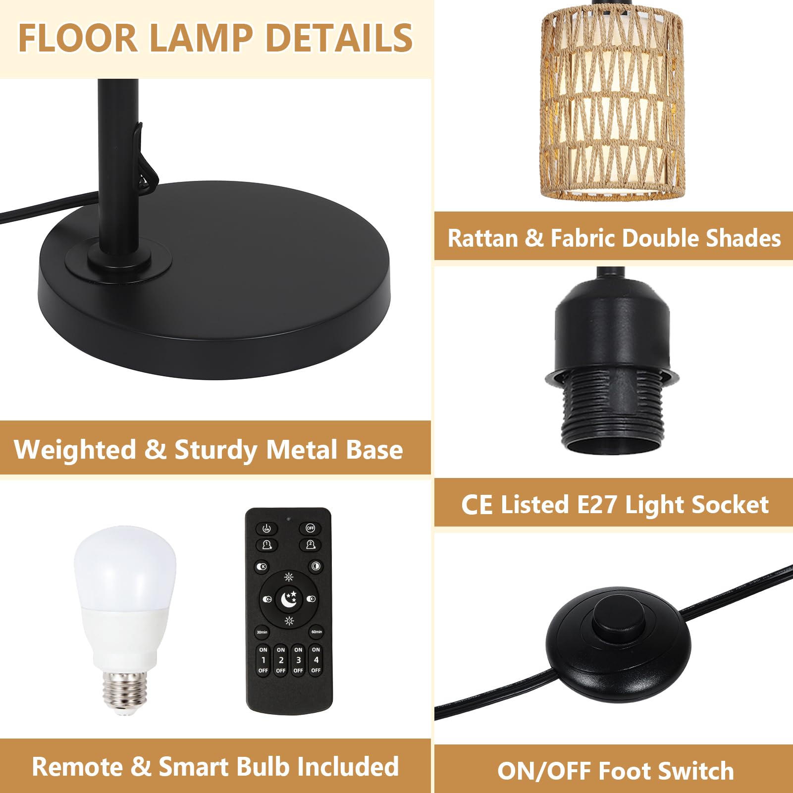 Rayofly Lámpara de Pie Ajustable Salón, Lámpara de Pie de Ratán con Mando a Distancia, App Control, Lámpara de Pie Boho con Pantalla de Ratán y Lino, Lámpara de Pie para Dormitorio, Altura Ajustable
