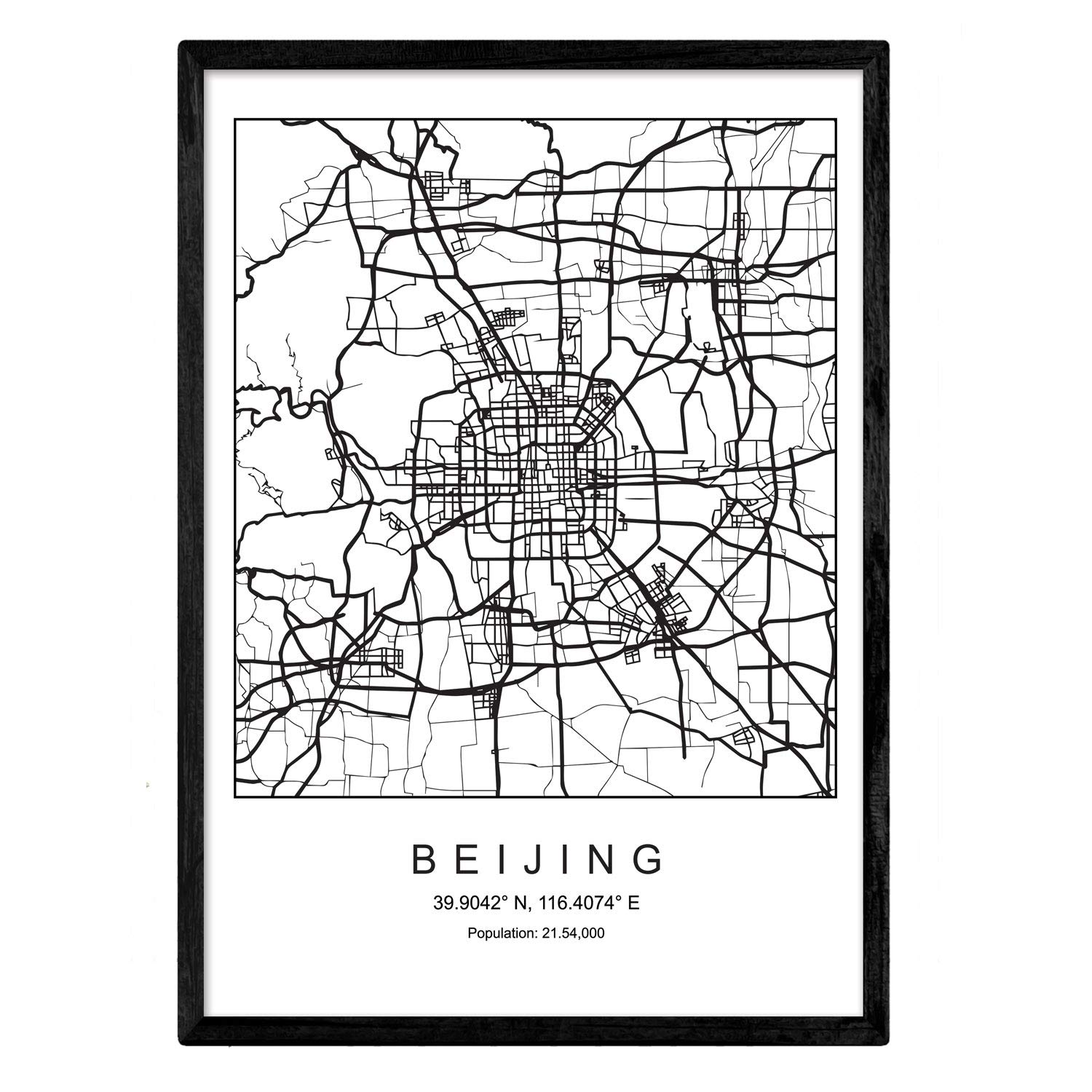 Nacnic Nordic Style Black and White Beijing City Map Print. A4 size poster framed with black frame printed paper 250 gm. Pictures, Films and Posters for Living Room and Bedroom — image 1