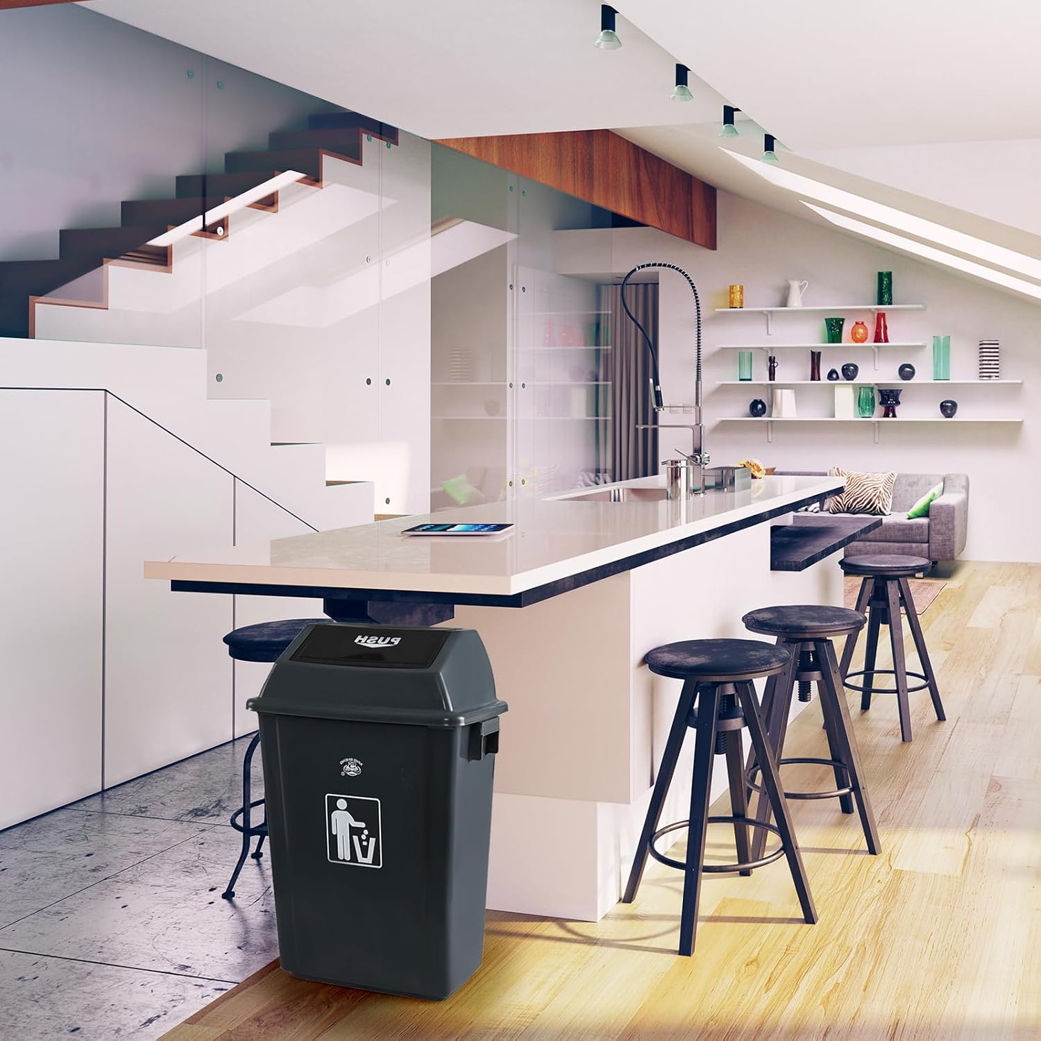 18 Gallon Large Kitchen Swing Top Lid Trash Can, 4 Pack Plastic Trash Bin with Swing Lid for Kitchen, Gray