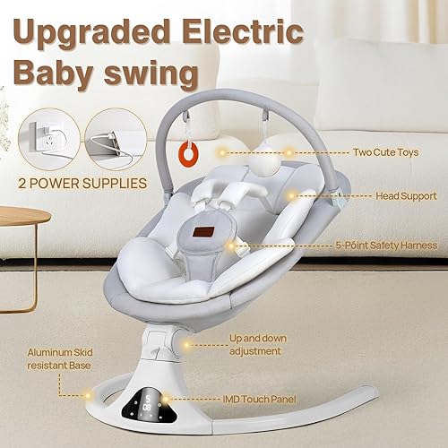 Miniatura 2 de Columpios para bebé, columpio infantil con control remoto, 5 velocidades ajustables, almohadilla de asiento lavable a máquina, arnés de 5 puntos,