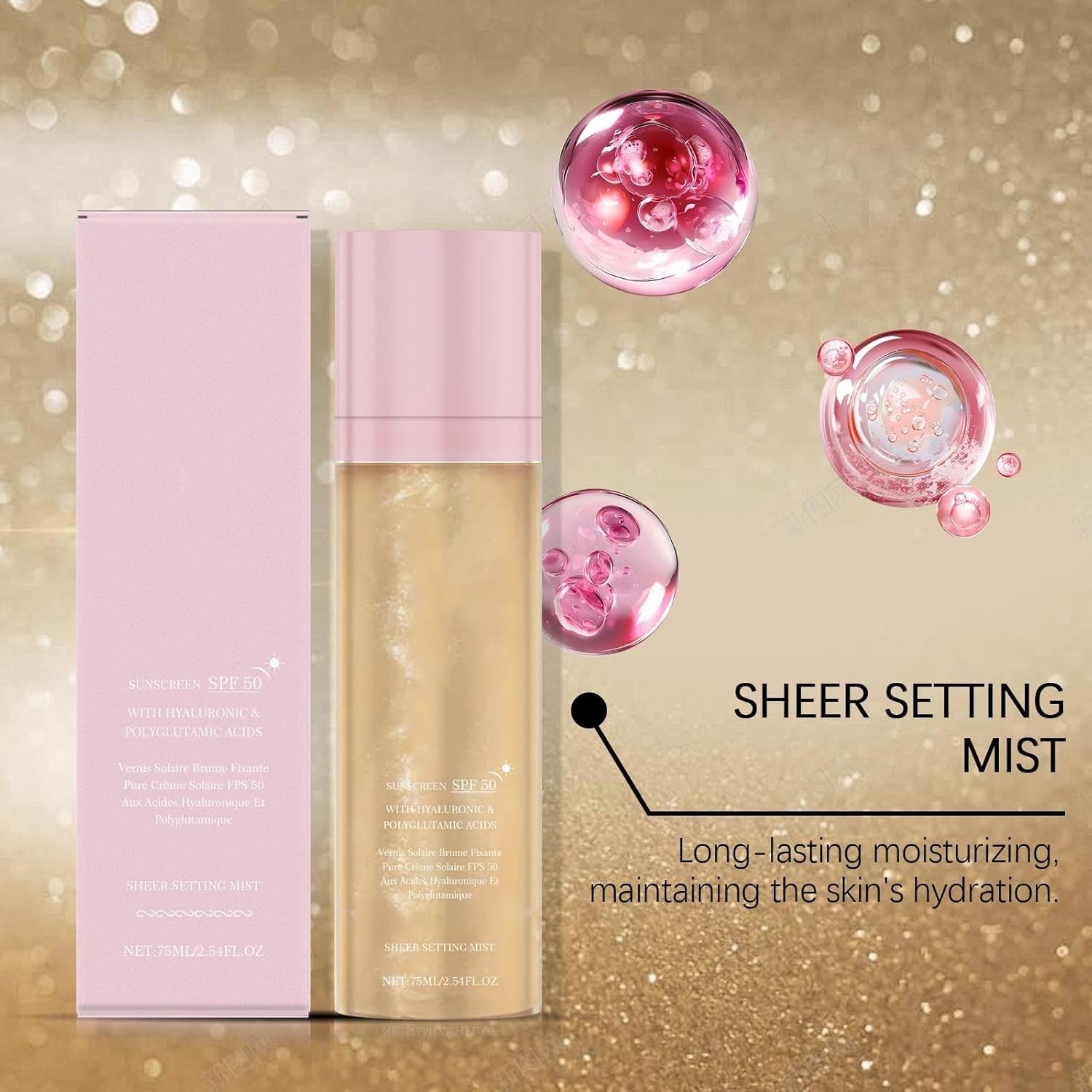 Sheer Setting Mist Sunscreen SPF 50 - Hydrating Glow Mist with Shimmering Oil, Broad Spectrum Water-Resistant Face & Body Spray, Reef-Safe Non-Greasy Formula for Makeup-Friendly Radiance - Image 5