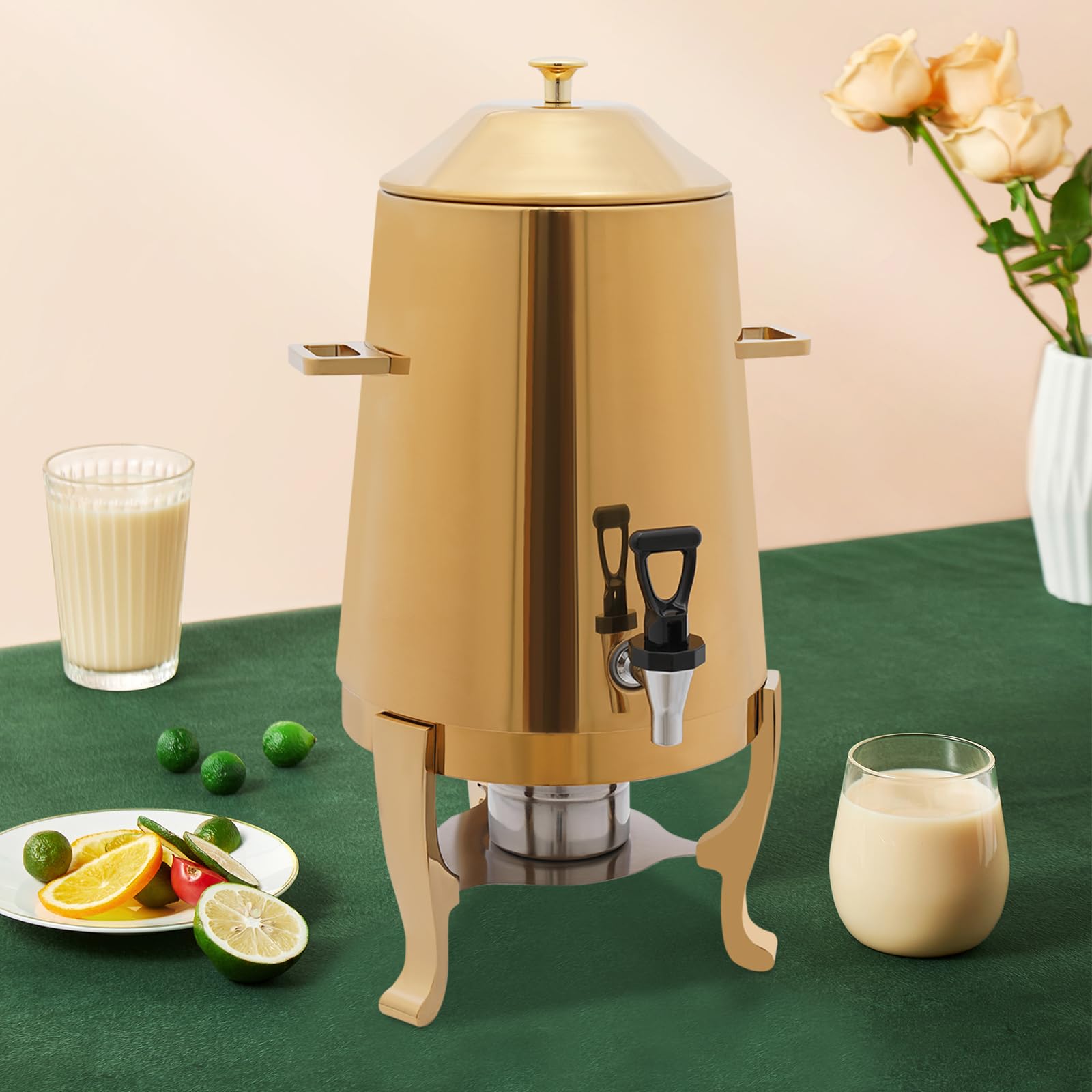 FXEIPOL Hot Beverage Dispenser 3.4 Gallon Electric or Solid Alcohol 2 Heating Methods Stainless Steel Gold Coffee Urn Hot Drinks Dispenser with Lid for Hotels, Canteens, Restaurants