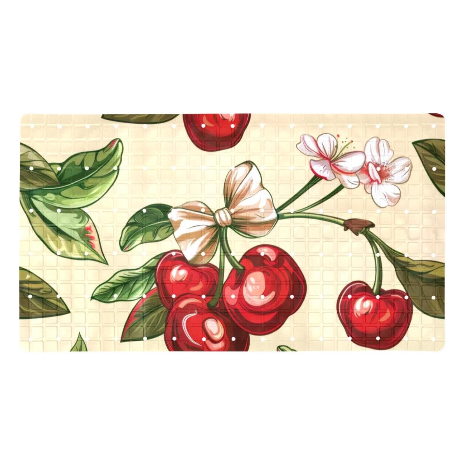 Rutschfeste Badematten für Badezimmer, Motiv: Kirsche mit Schleife und Blumen, nahtlos, rechteckig, maschinenwaschbar, 40 x 70 cm