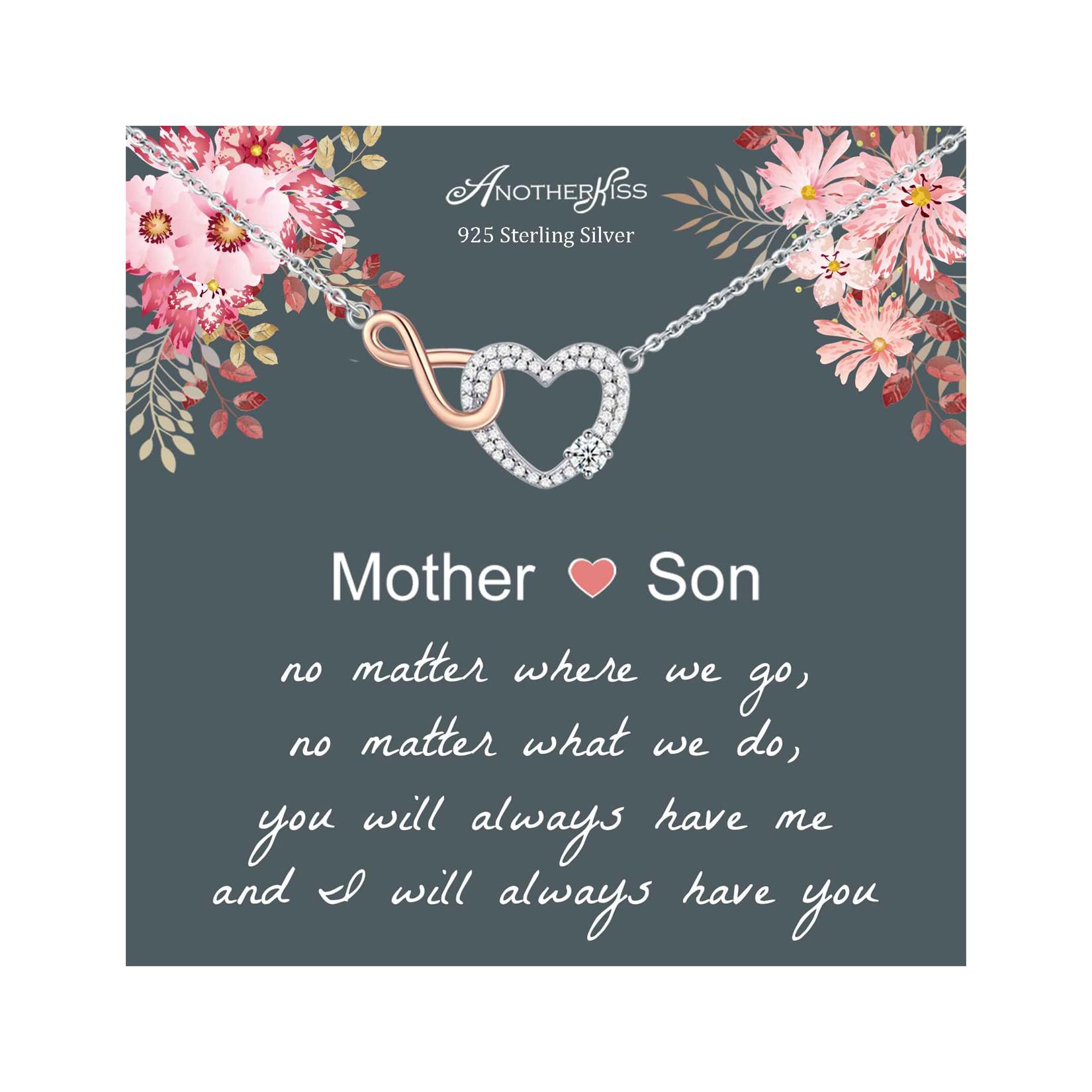 AnotherKiss Mum Necklace, Mother and Son Gifts, Sterling Silver Infinity Heart Necklace for Mum Gifts from Son, Mum Birthday Gifts, Mothers Day for Mum Jewellery