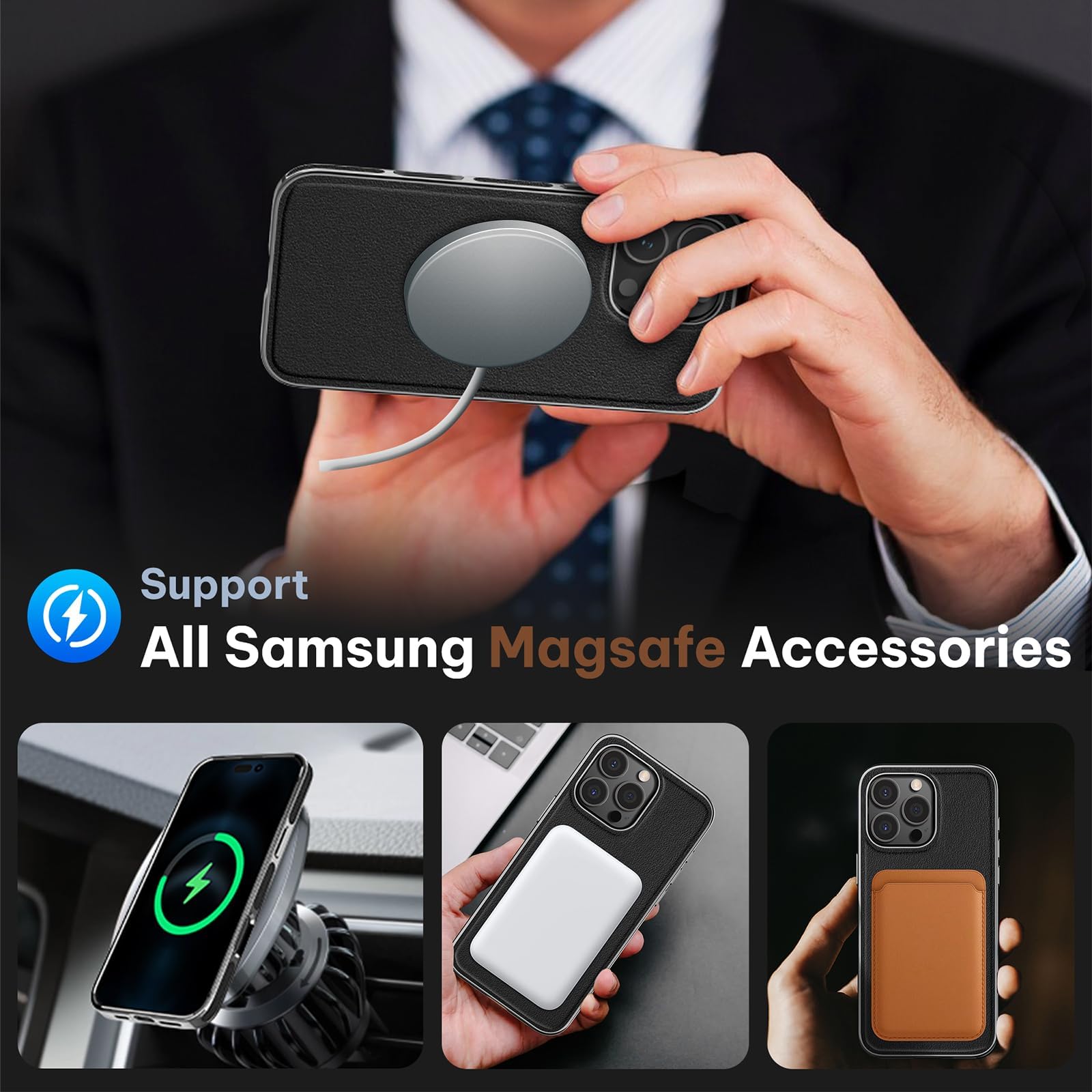 LOHASIC Lederhülle Für IPhone 16 Pro Max – MagSafe-kompatibel, Starker Magnet & Kameraschutz | Business-Design In Schwarz-Gold