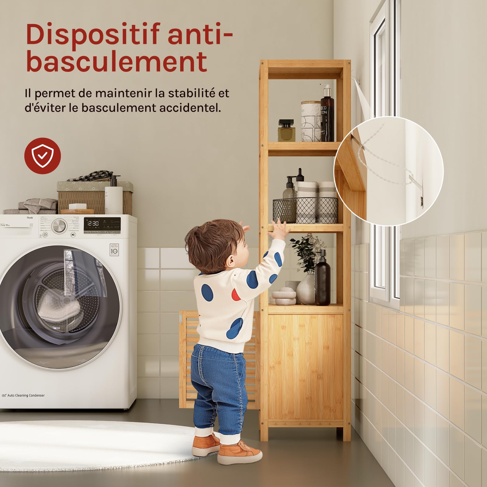 WOLTU Meuble Salle de Bain Bambou, Étagère Colonne pour Salle de Bain | avec 4 Tablettes Ouvertes, 1 Placard avec Porte à Lamelles, 36x33x140cm