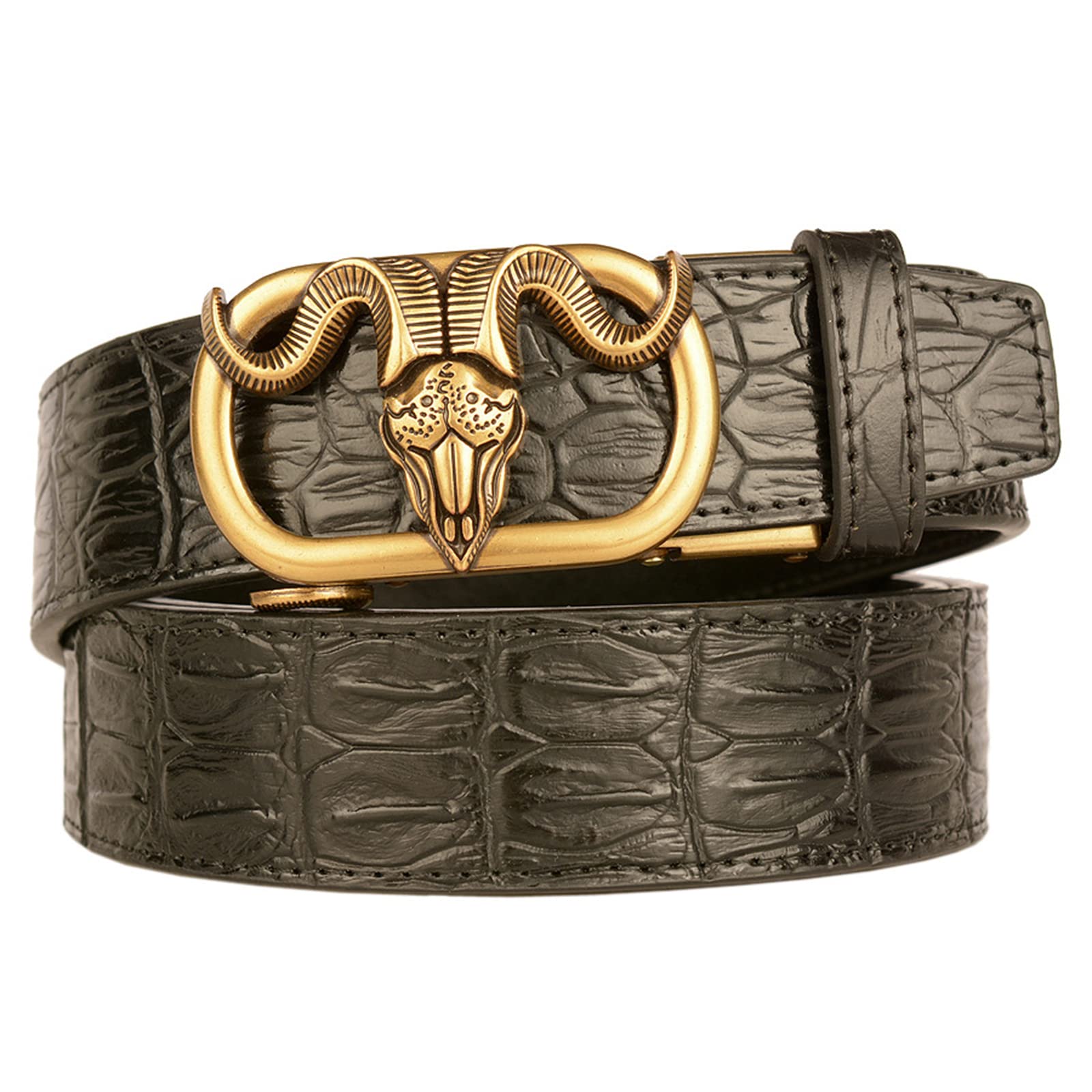 HKMAMen's Belt, Leather Ratchet Slide Buckle Belts Metal Automatic Buckle,Black Gold,130cm